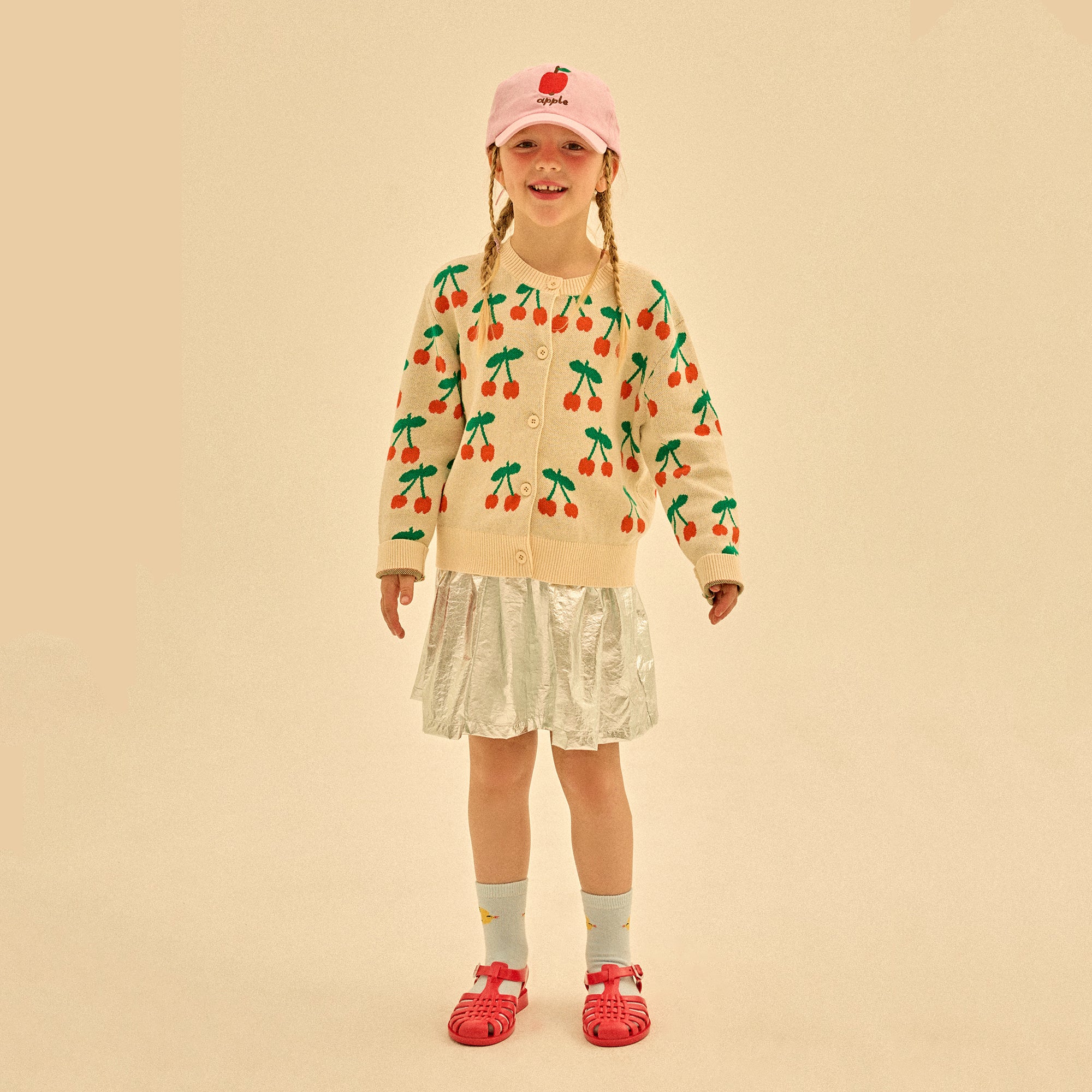 Girls Ivory Cherry Cotton Cardigan