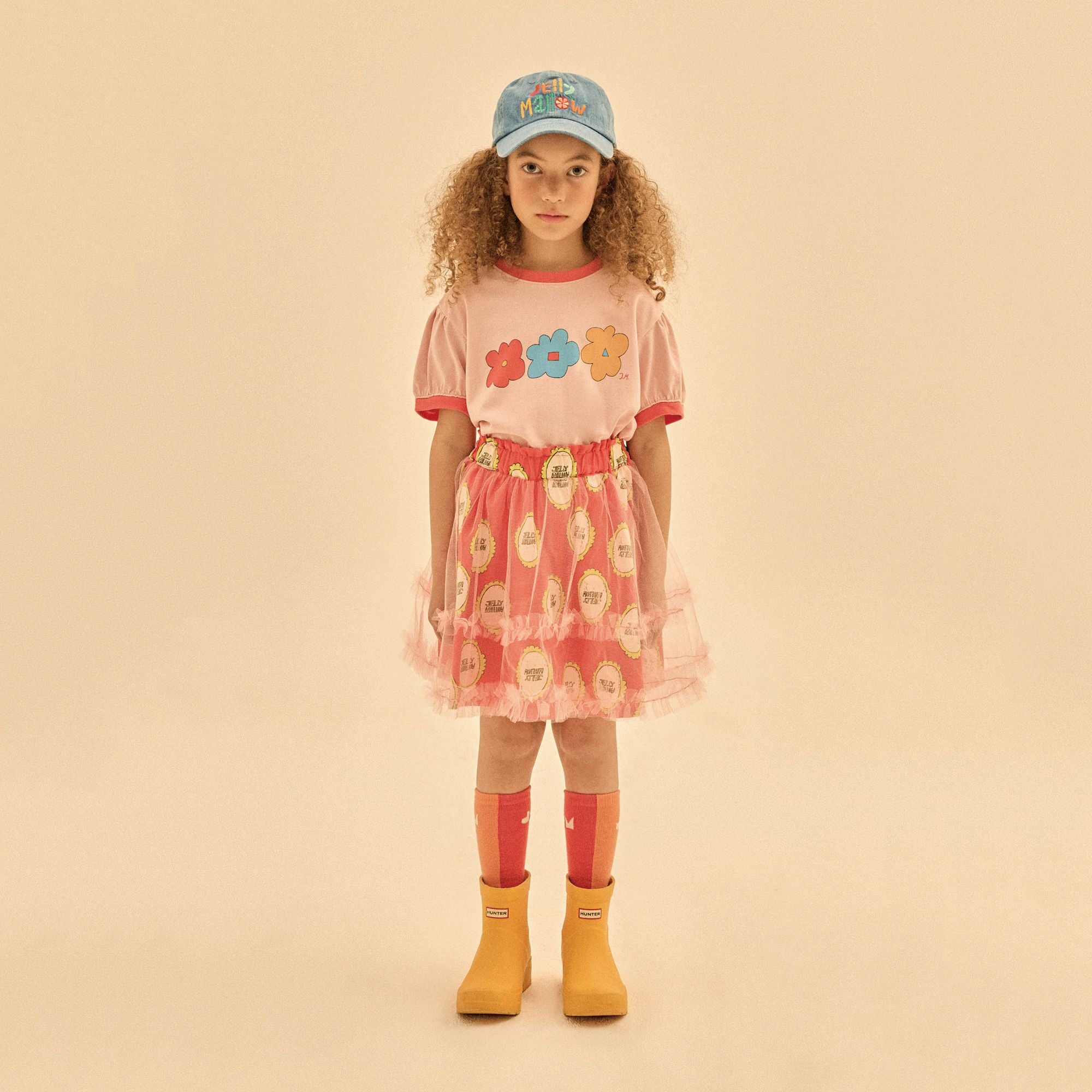Girls Red Orange Printed Tulle Skirt