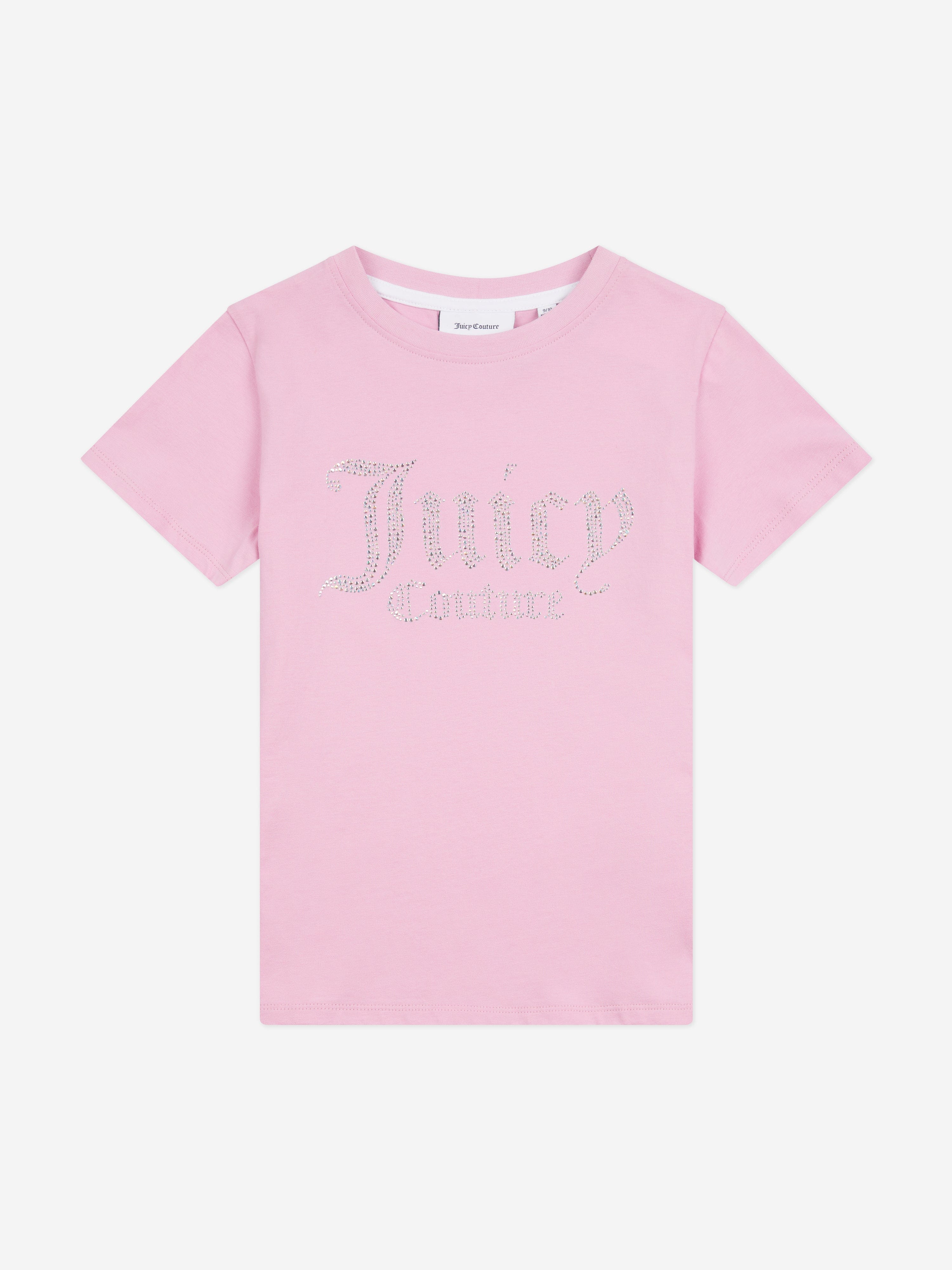 Juicy Couture Girls Diamante Logo Fitted T-Shirt in Pink