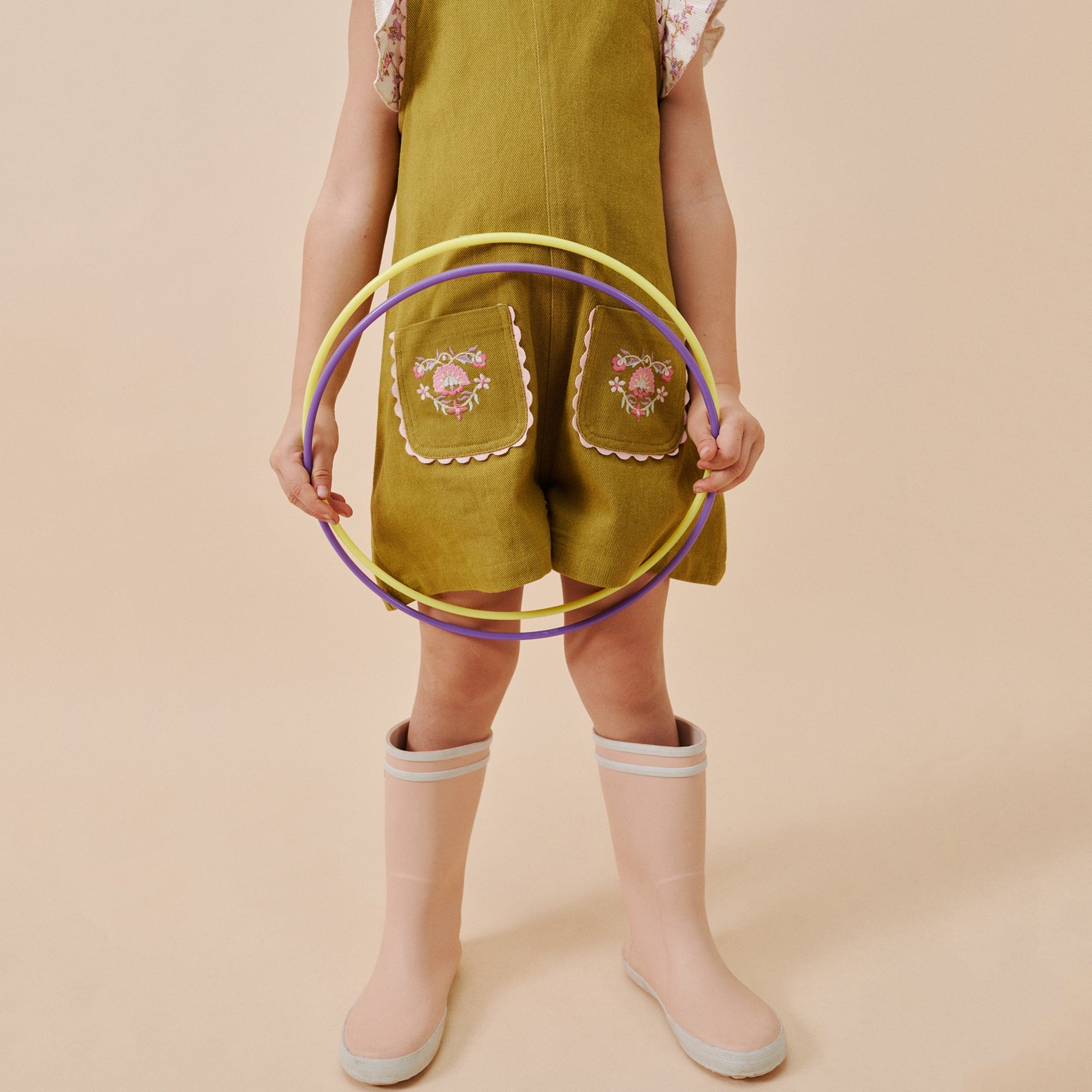 Girls Olive Embroidered Cotton Jumpsuit