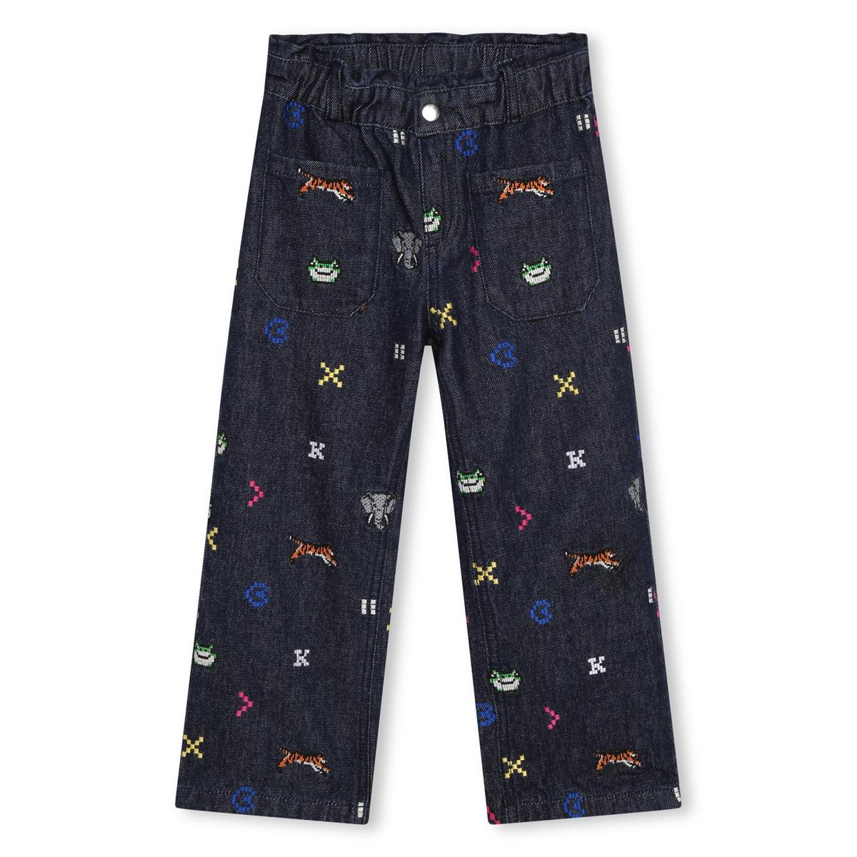 Girls Black Embroidered Denim Trousers