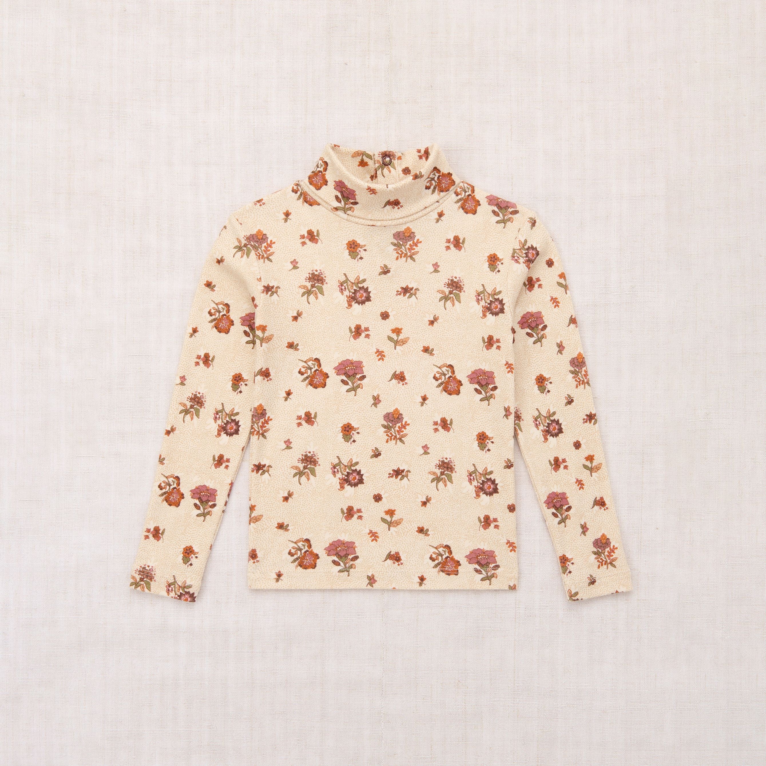 Girls Beige Flower Printed Cotton Turtleneck