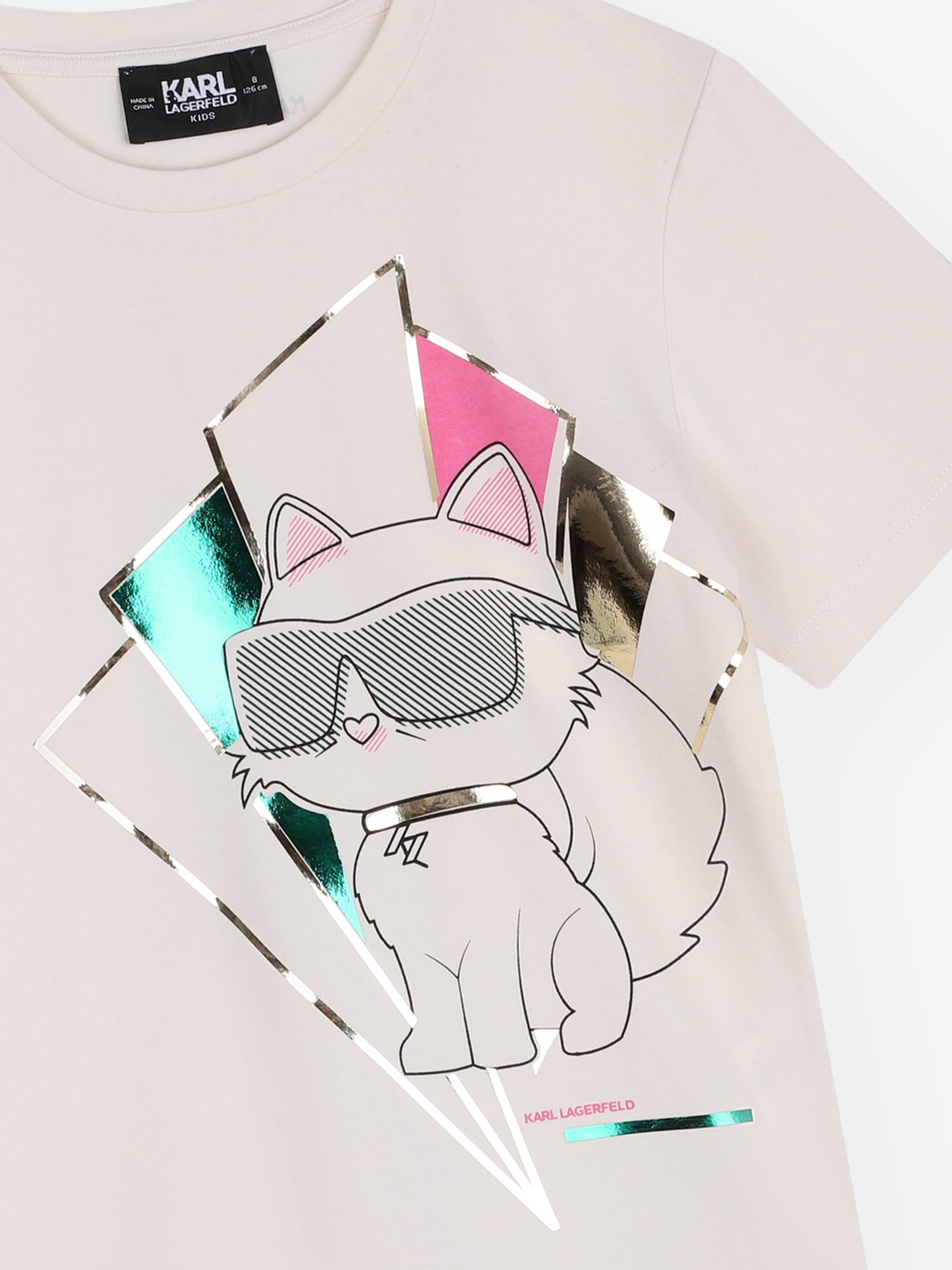 Karl Lagerfeld Girls Choupette Print T-Shirt in Ivory