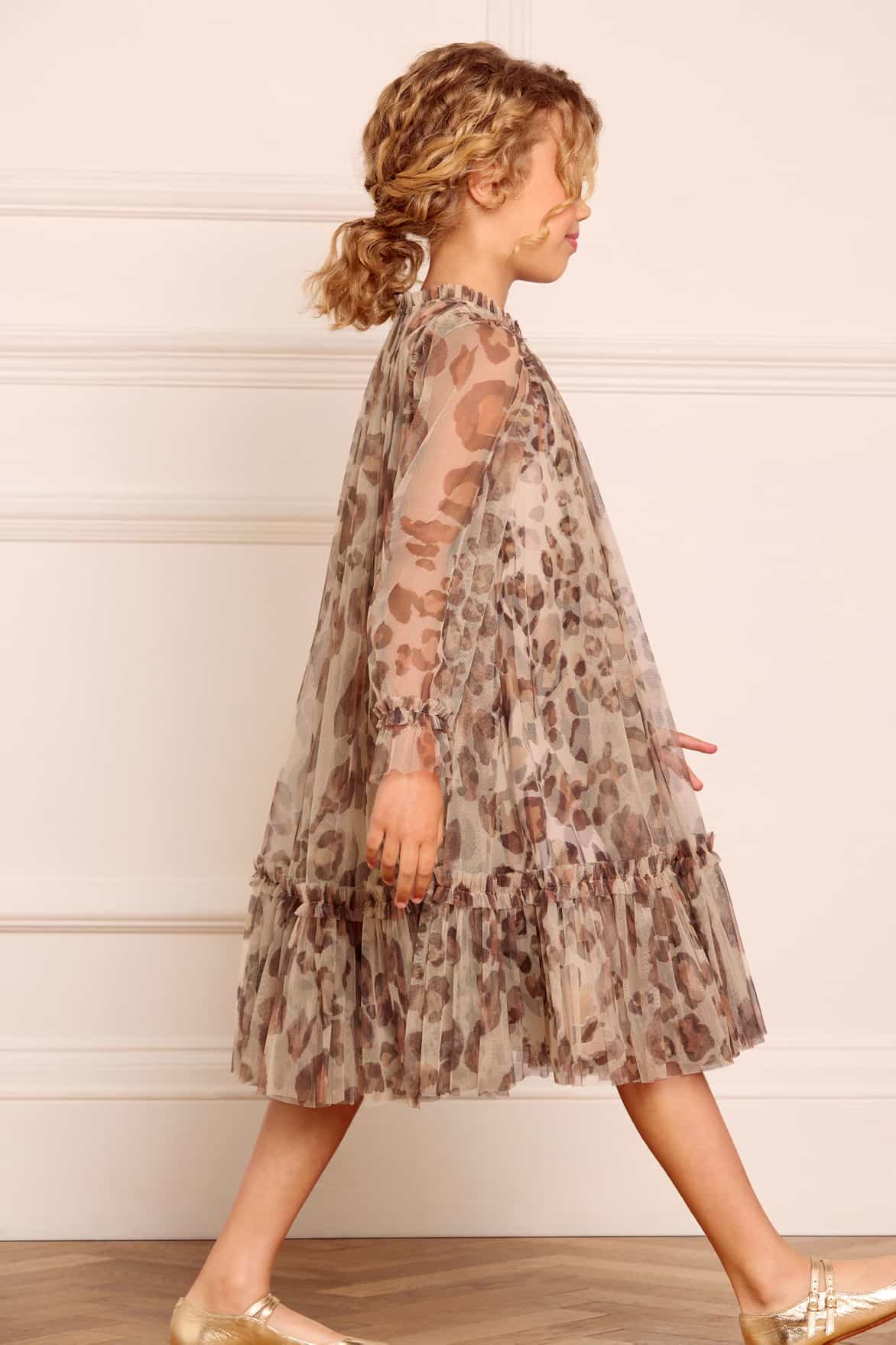 Needle & Thread Girls Leopard Long Sleeve Dress in Multicolour