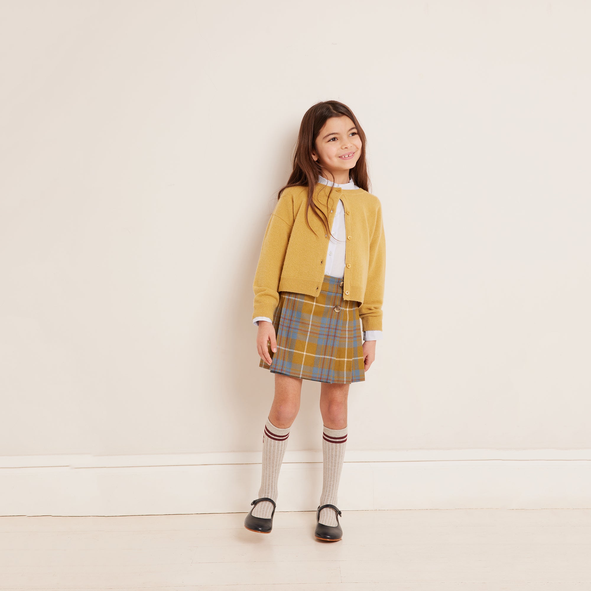 Girls Olive Check Wool Skirt