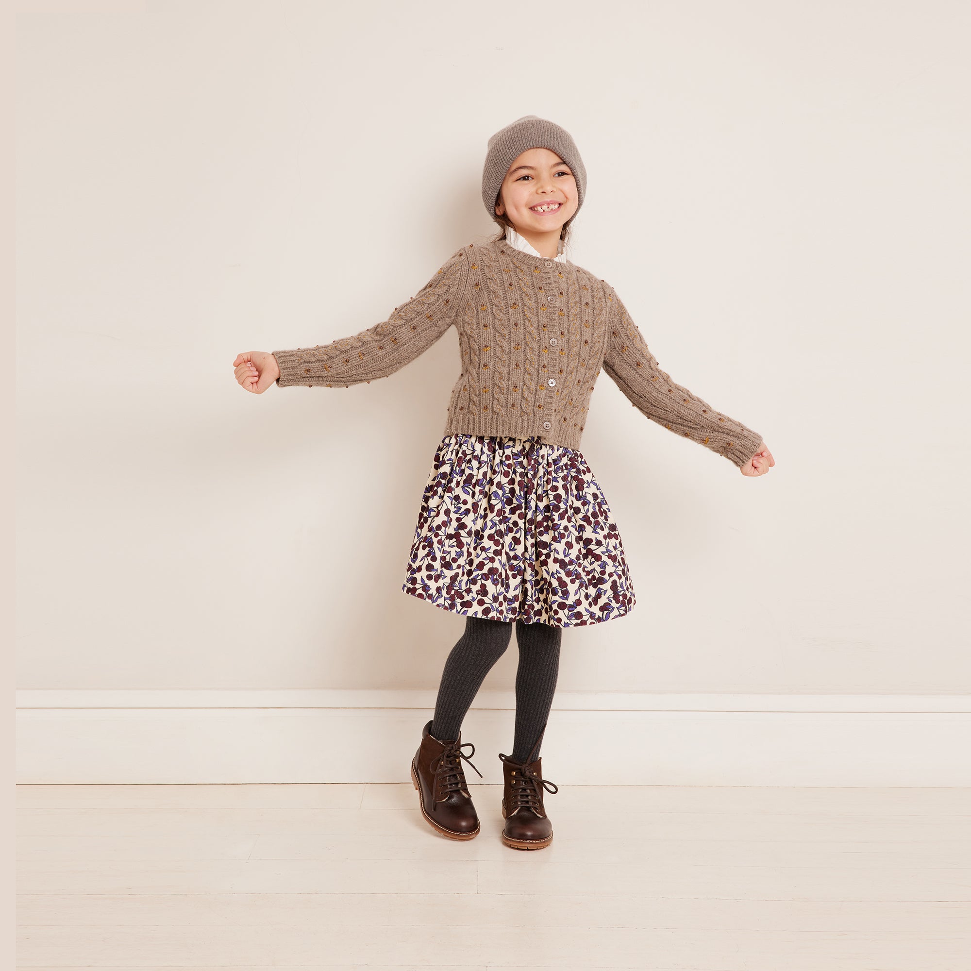 Girls Camel Embroidered Wool Cardigan