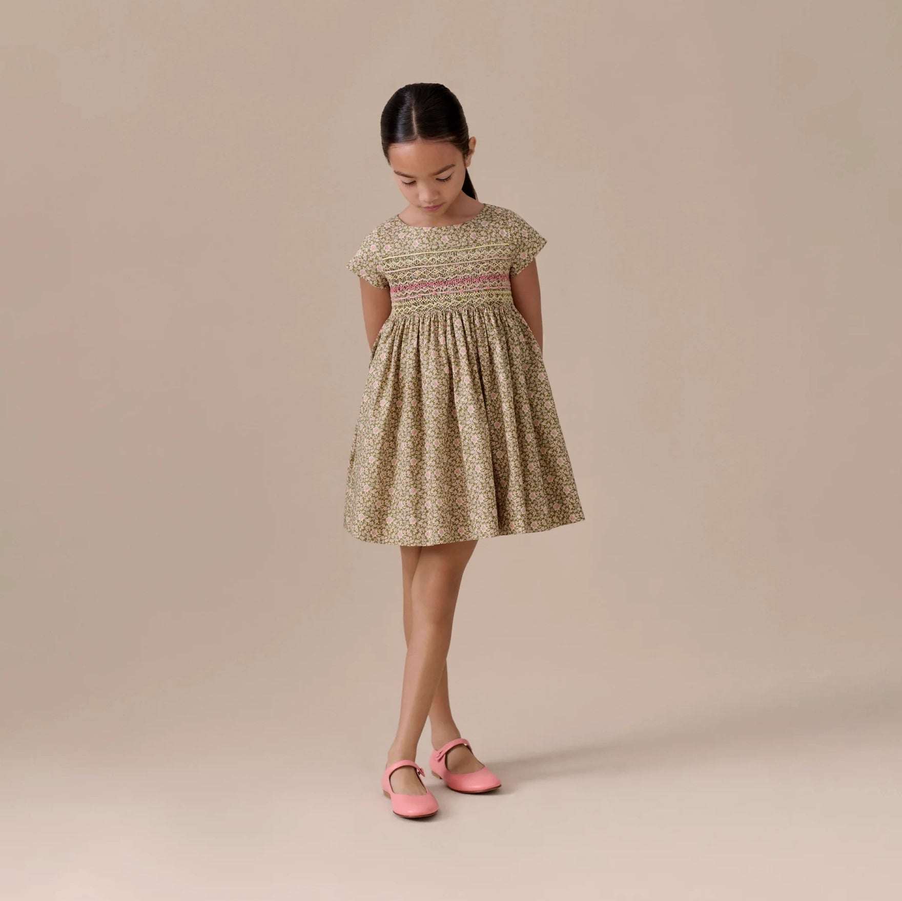 Girls Khaki Green Floral Cotton Dress
