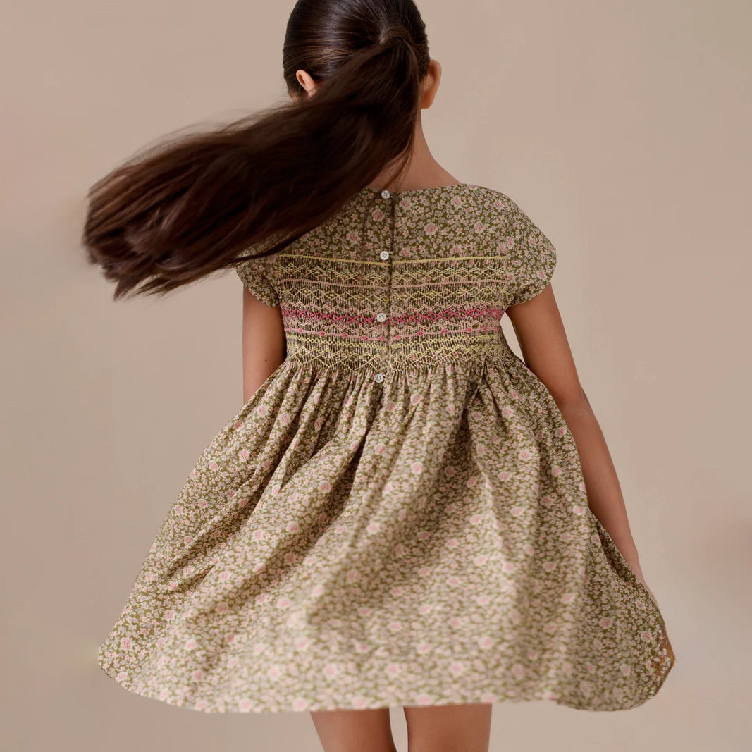 Girls Khaki Green Floral Cotton Dress