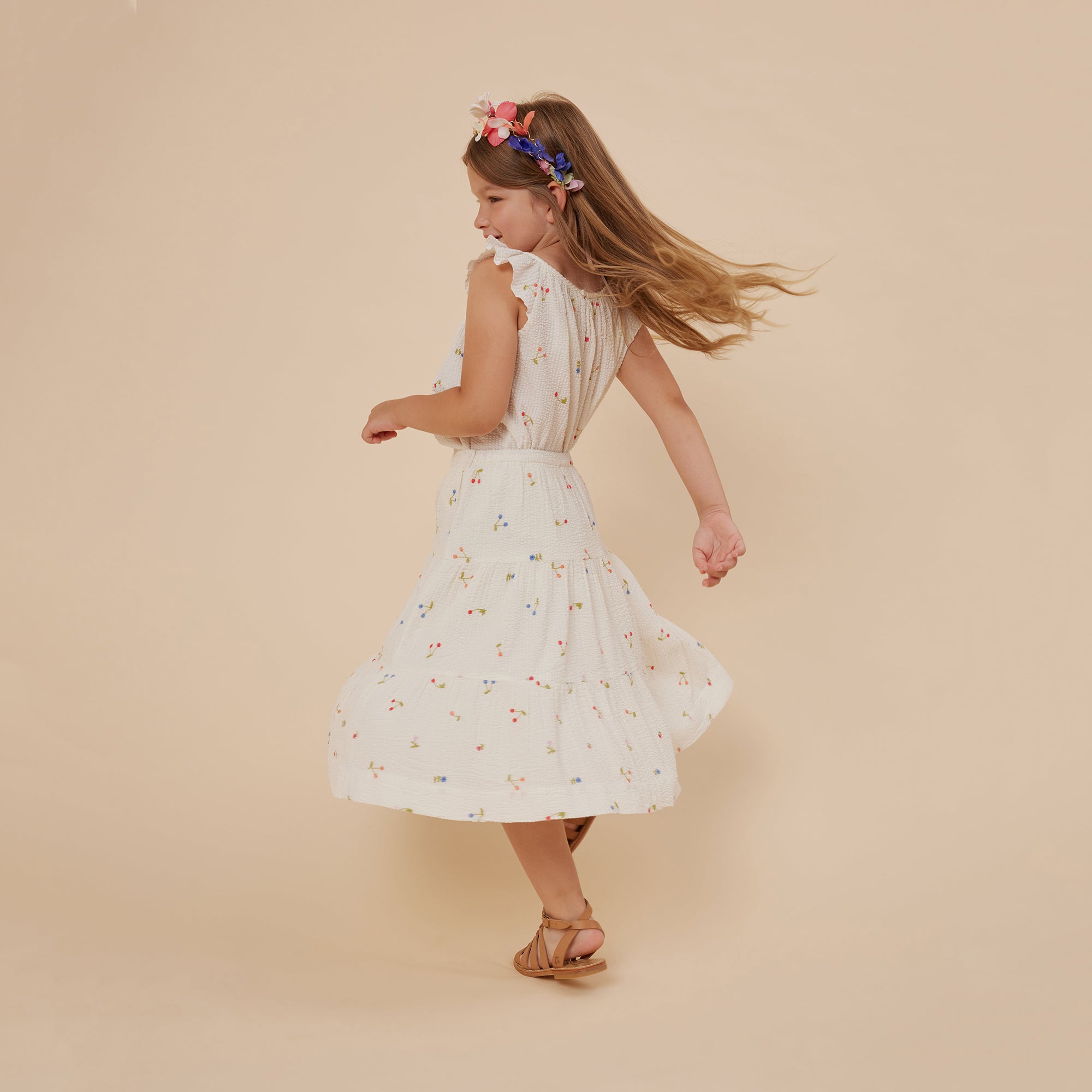 Girls White Cherry Embroidered Cotton Skirt