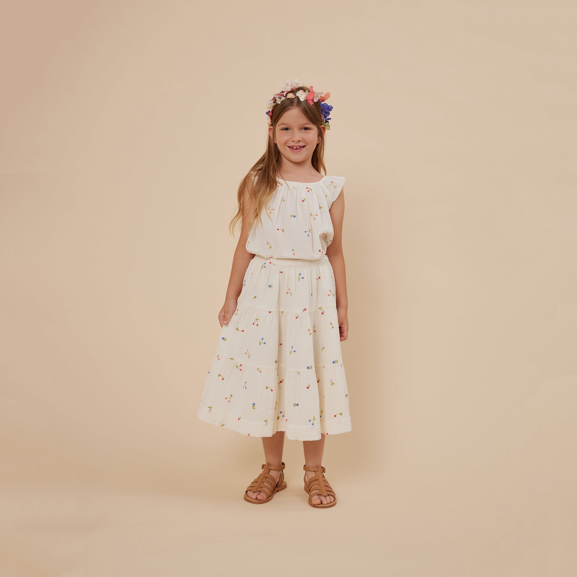 Girls White Cherry Embroidered Cotton Skirt