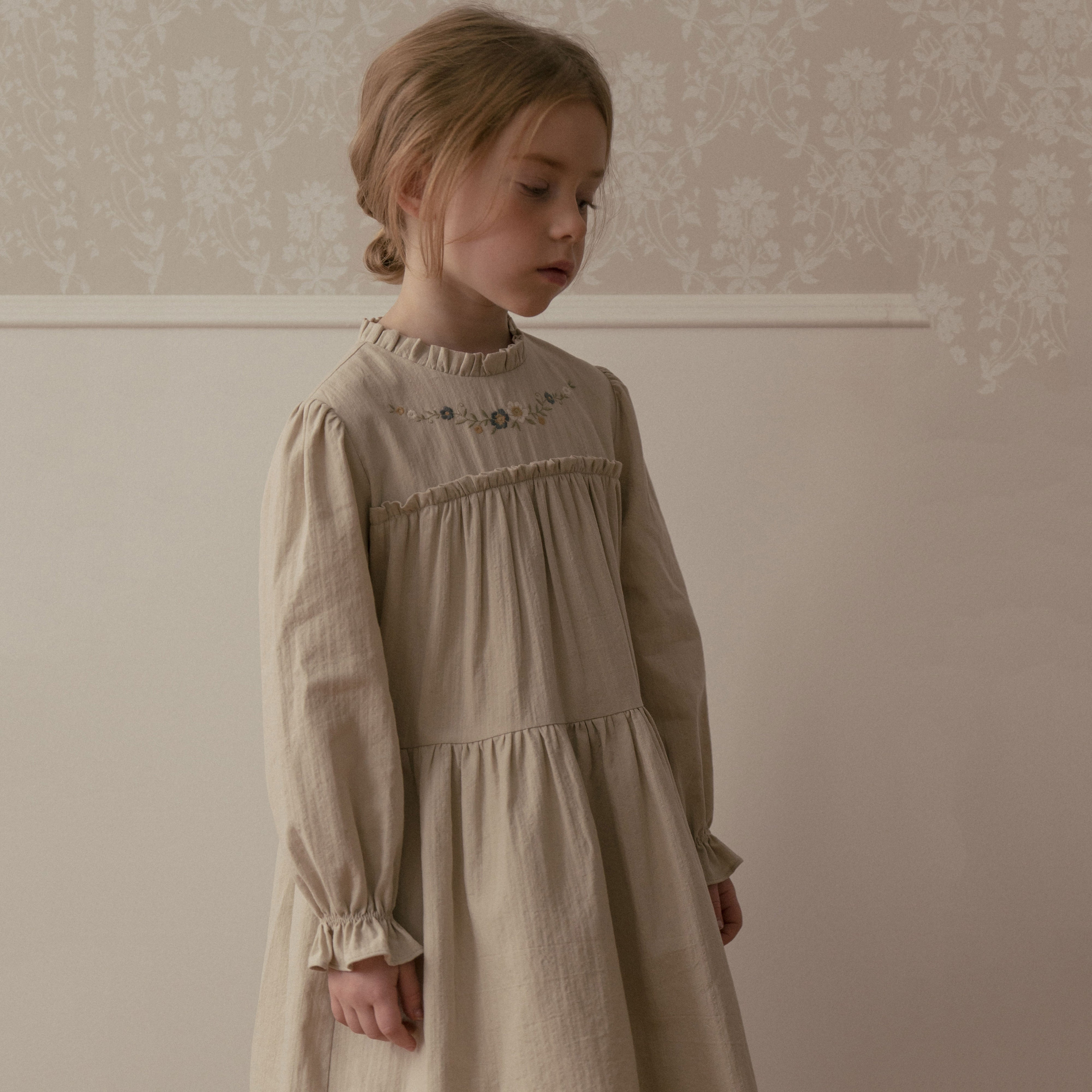 Girls Light Grey Embroidered Cotton Dress