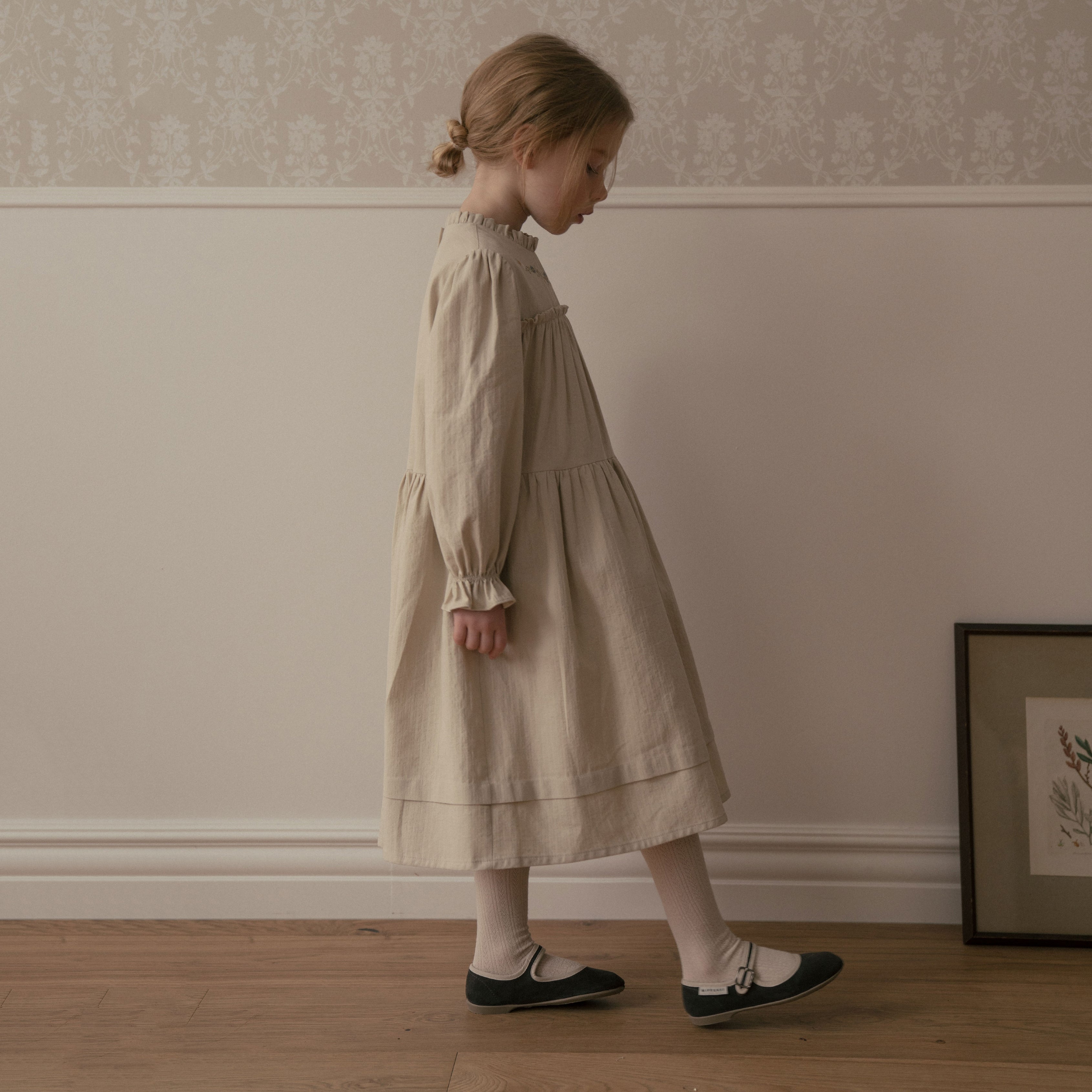 Girls Light Grey Embroidered Cotton Dress