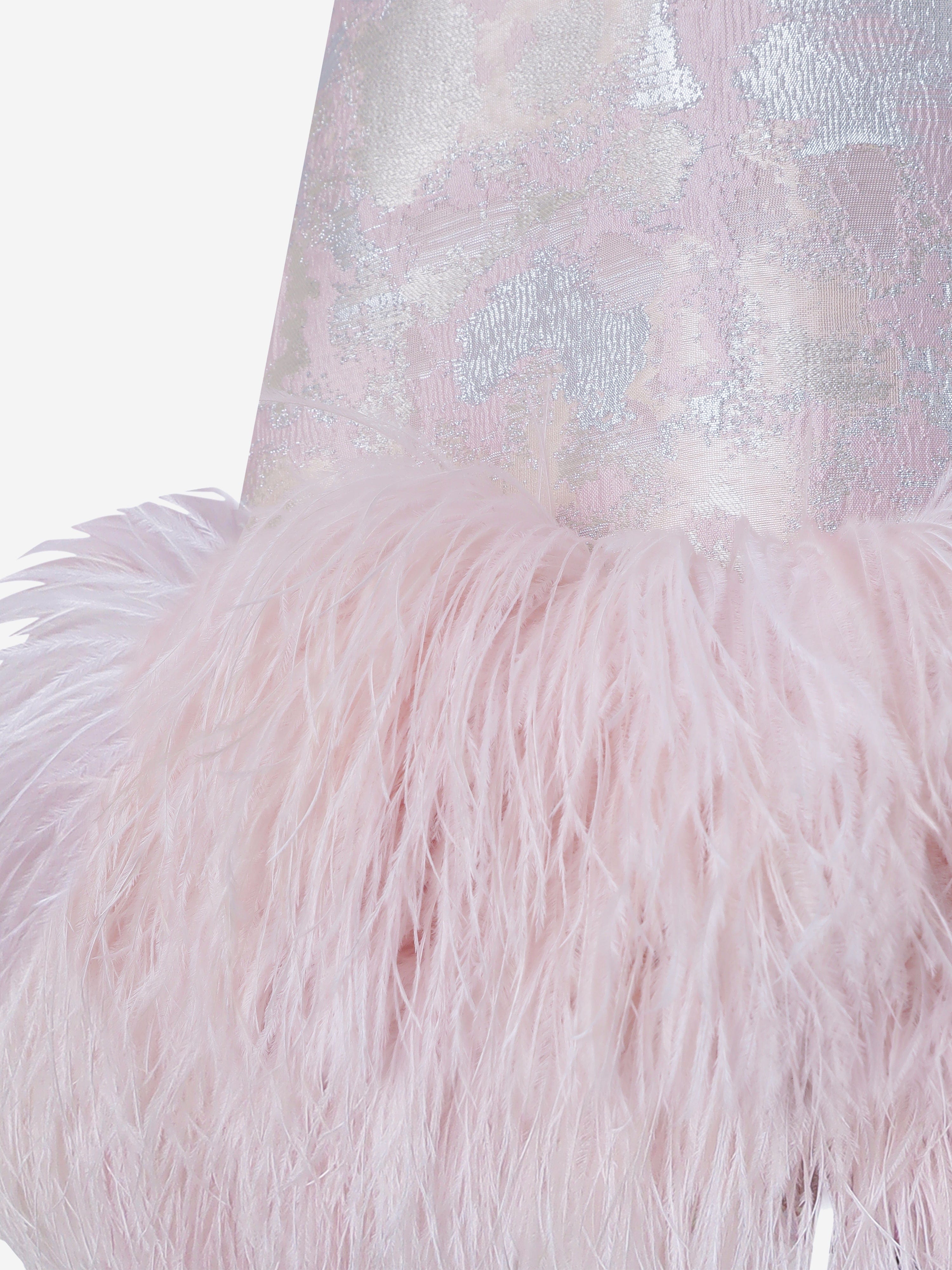 Girls Elodie Brocade Feather Trim Dress in Pink