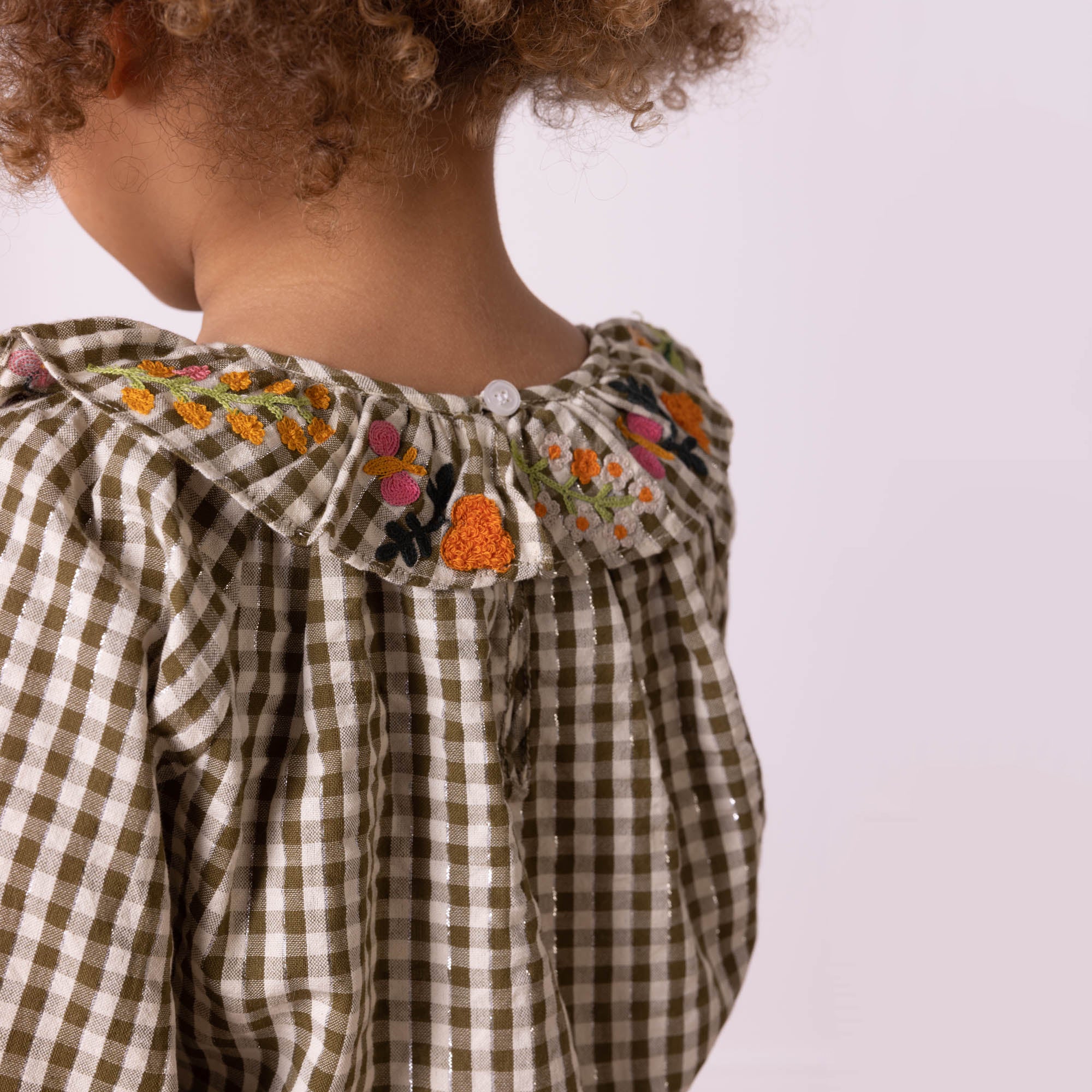 Girls Green Check Embroidered Cotton Top