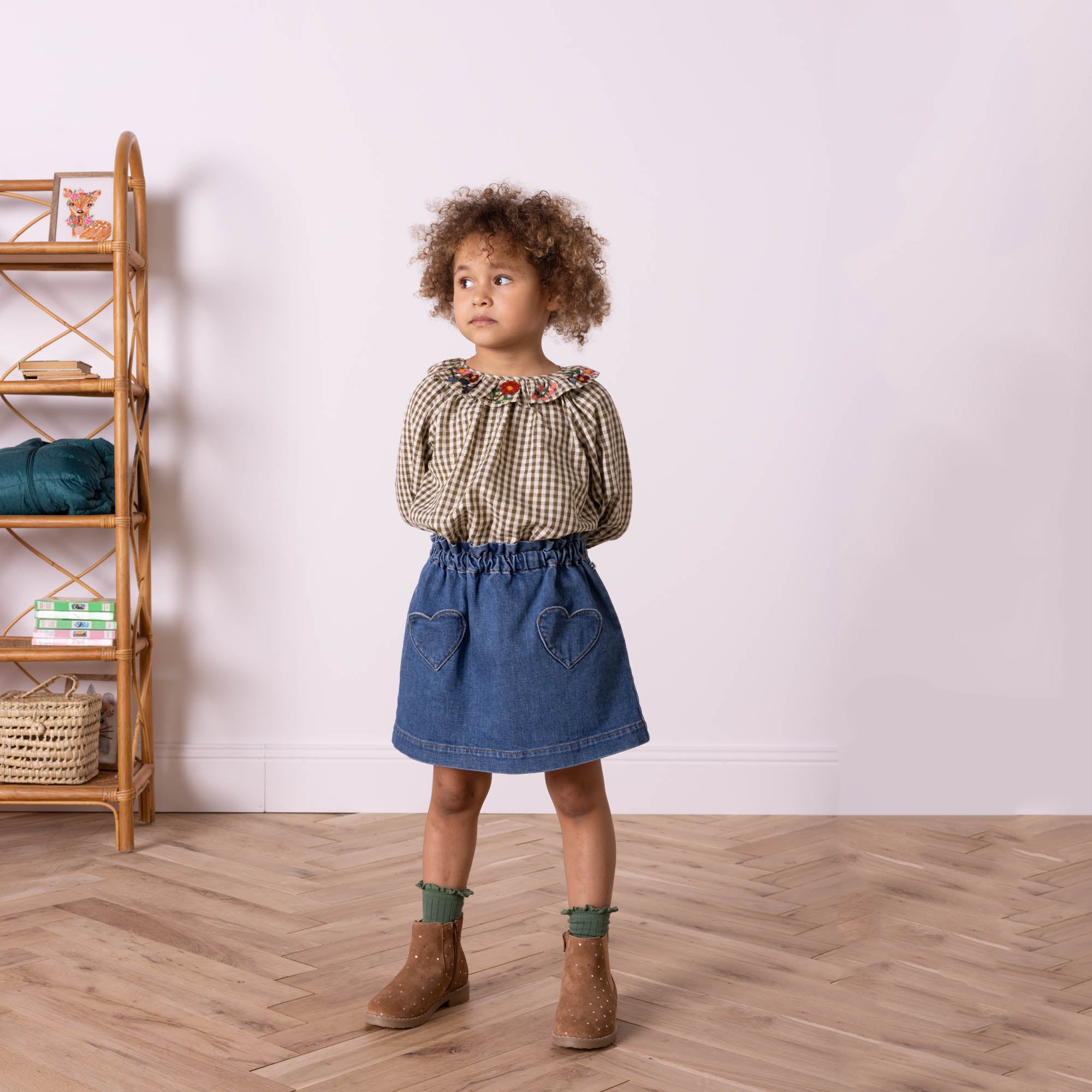 Girls Green Check Embroidered Cotton Top