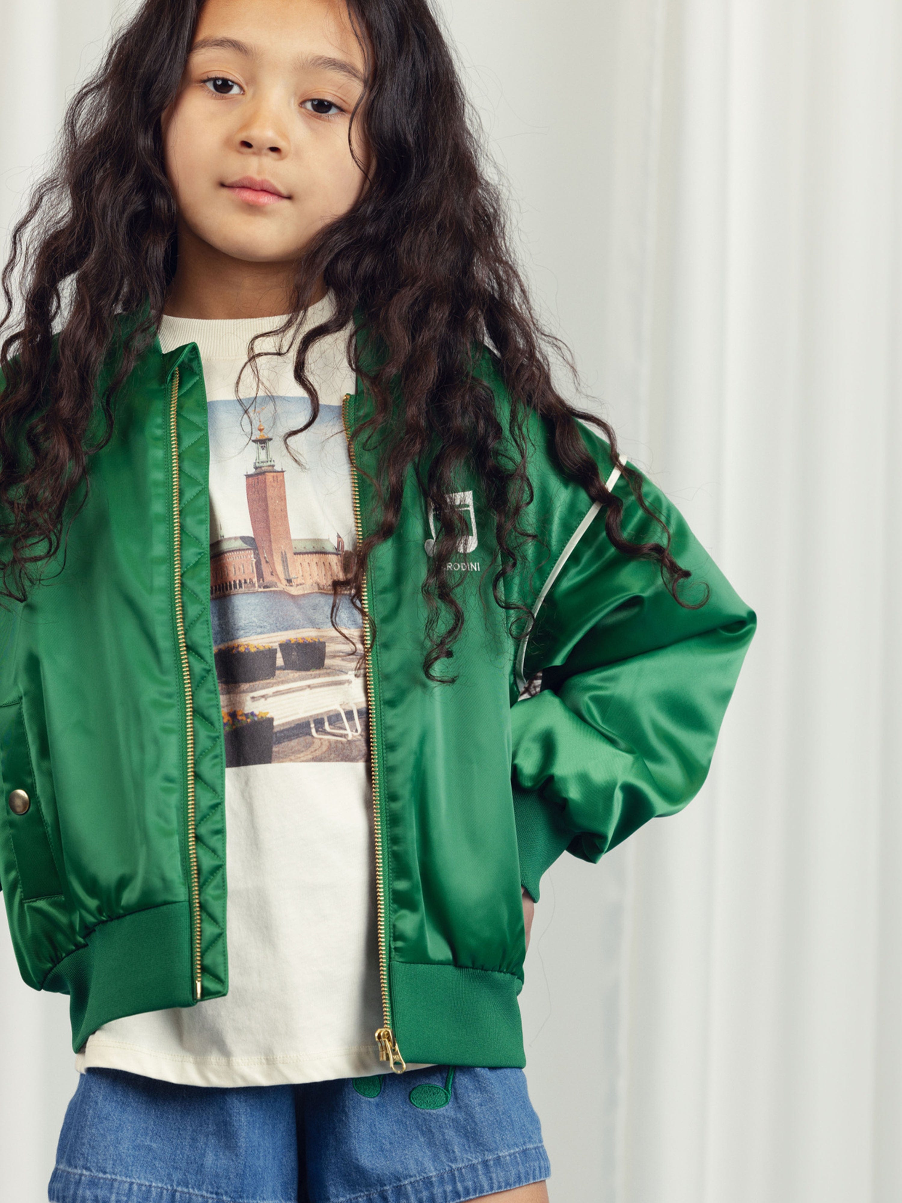 Kids Note Chenille Satin Baseball Jacket in Green