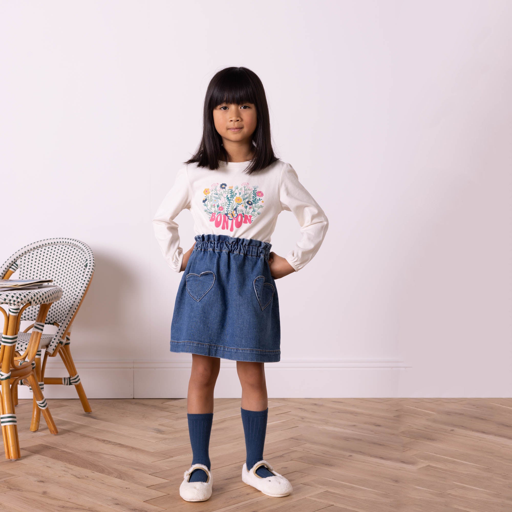 Girls White Printed Cotton T-Shirt
