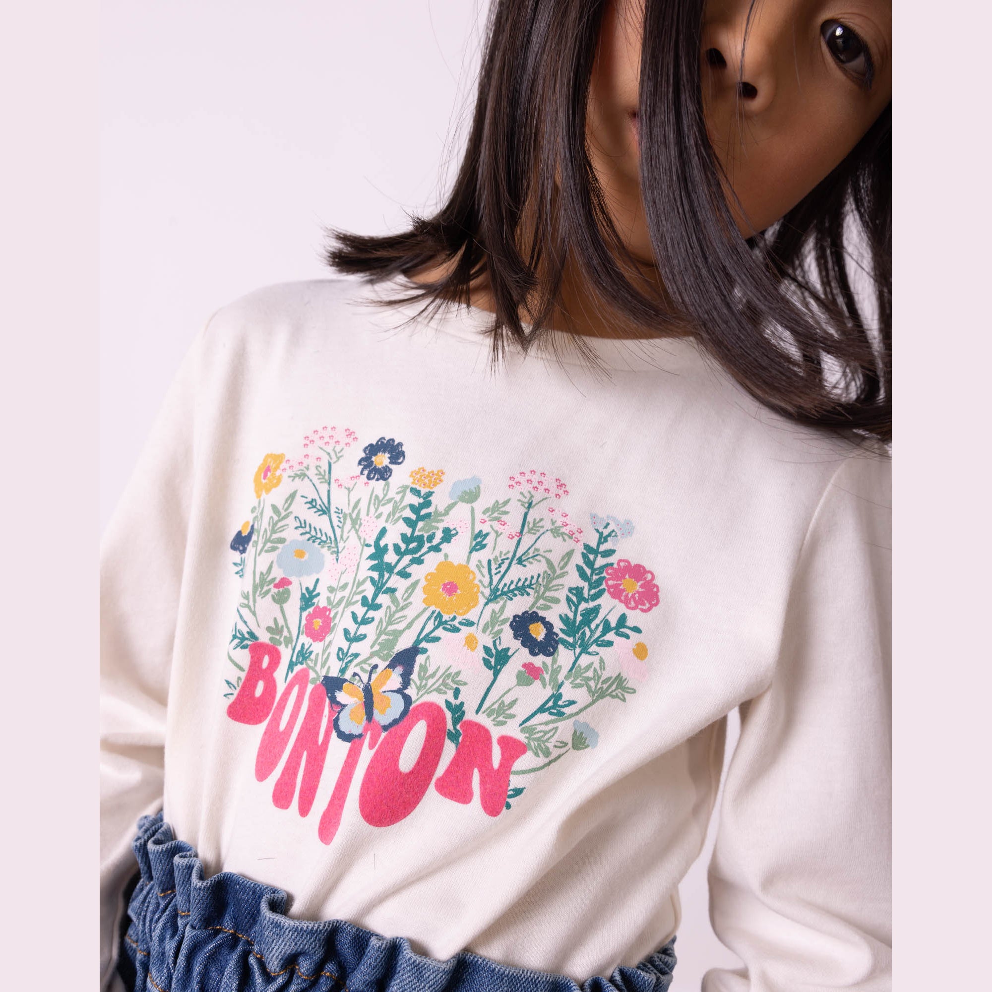 Girls White Printed Cotton T-Shirt