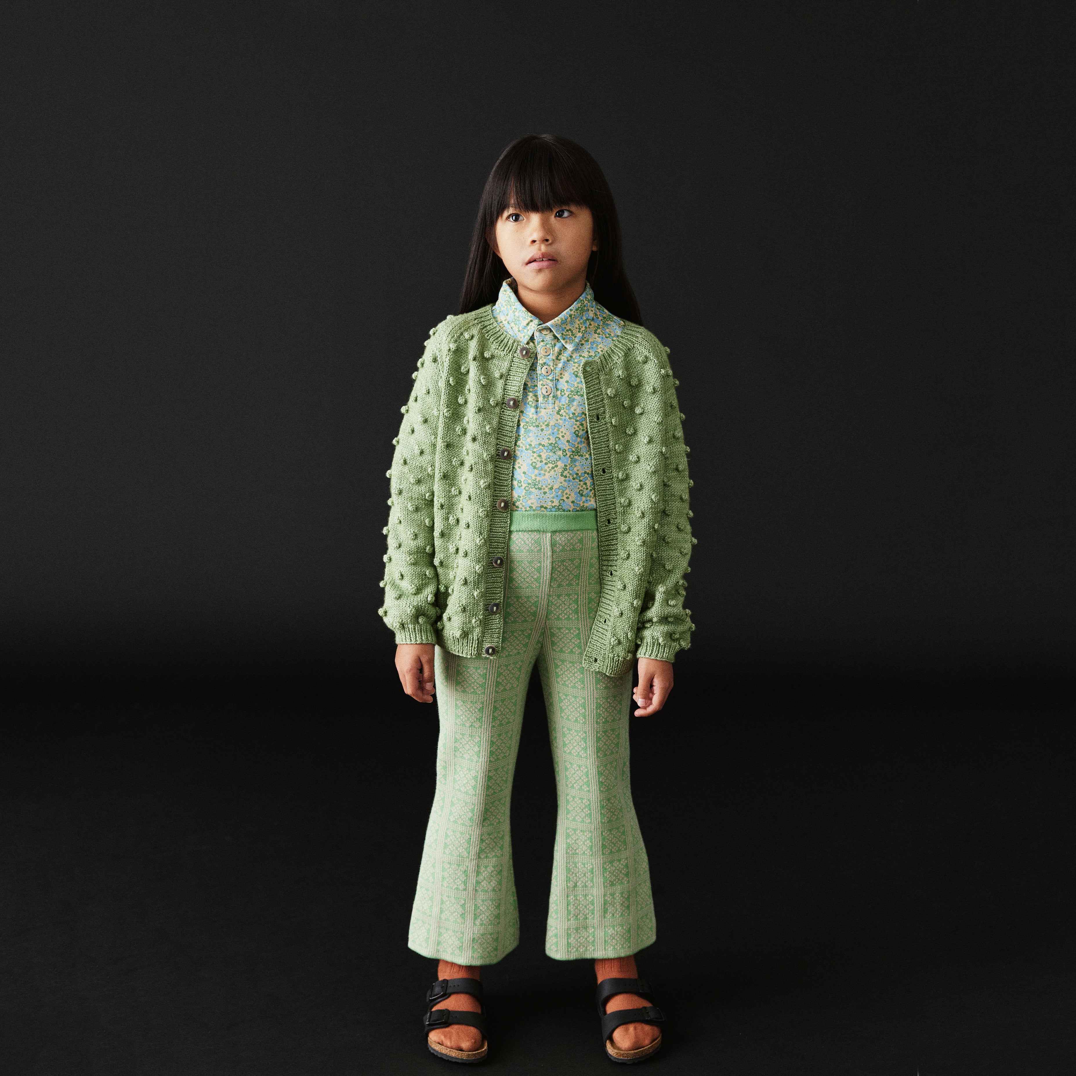 Girls Light Green Popcorn Wool Cardigan