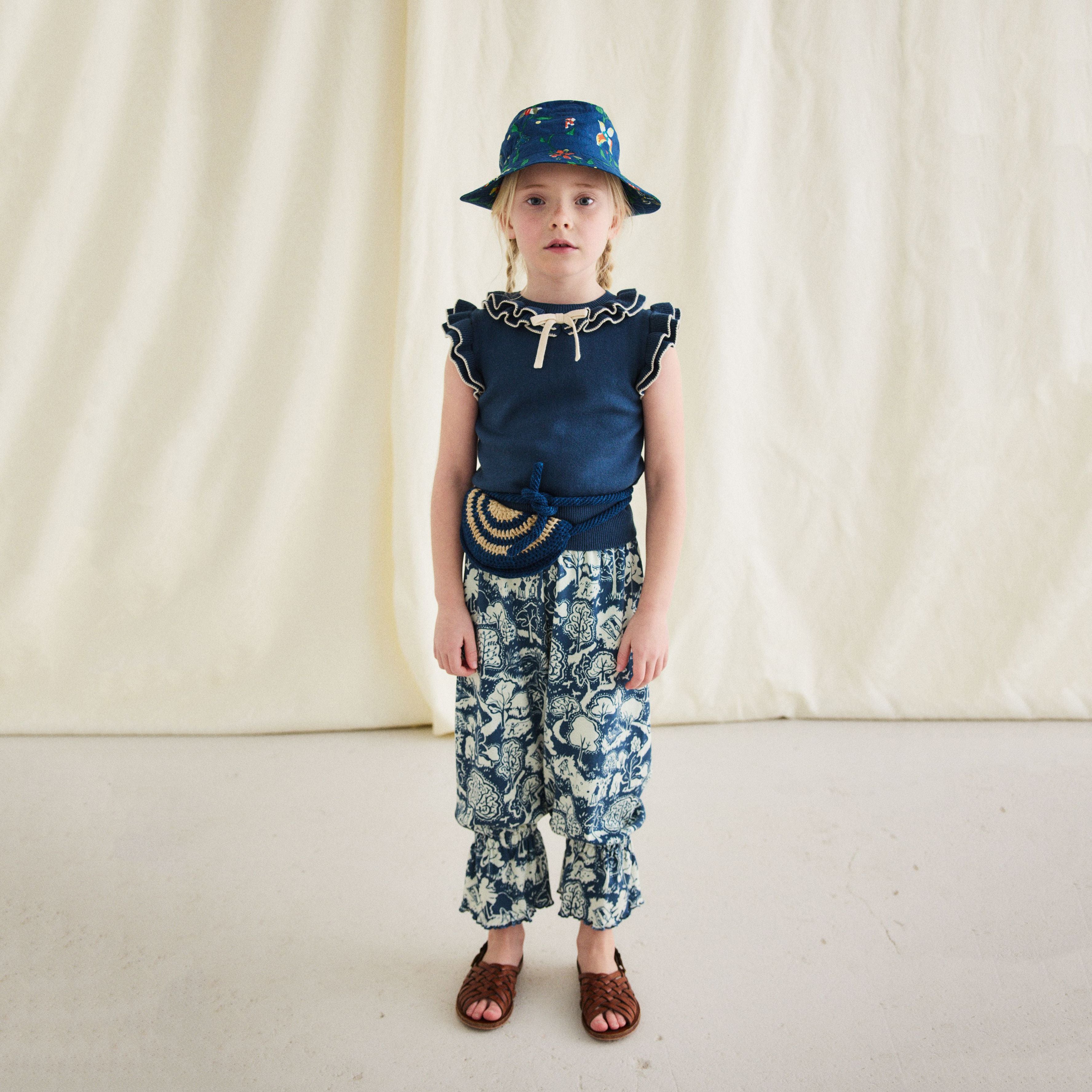 Girls Navy Ruffled Cotton Top