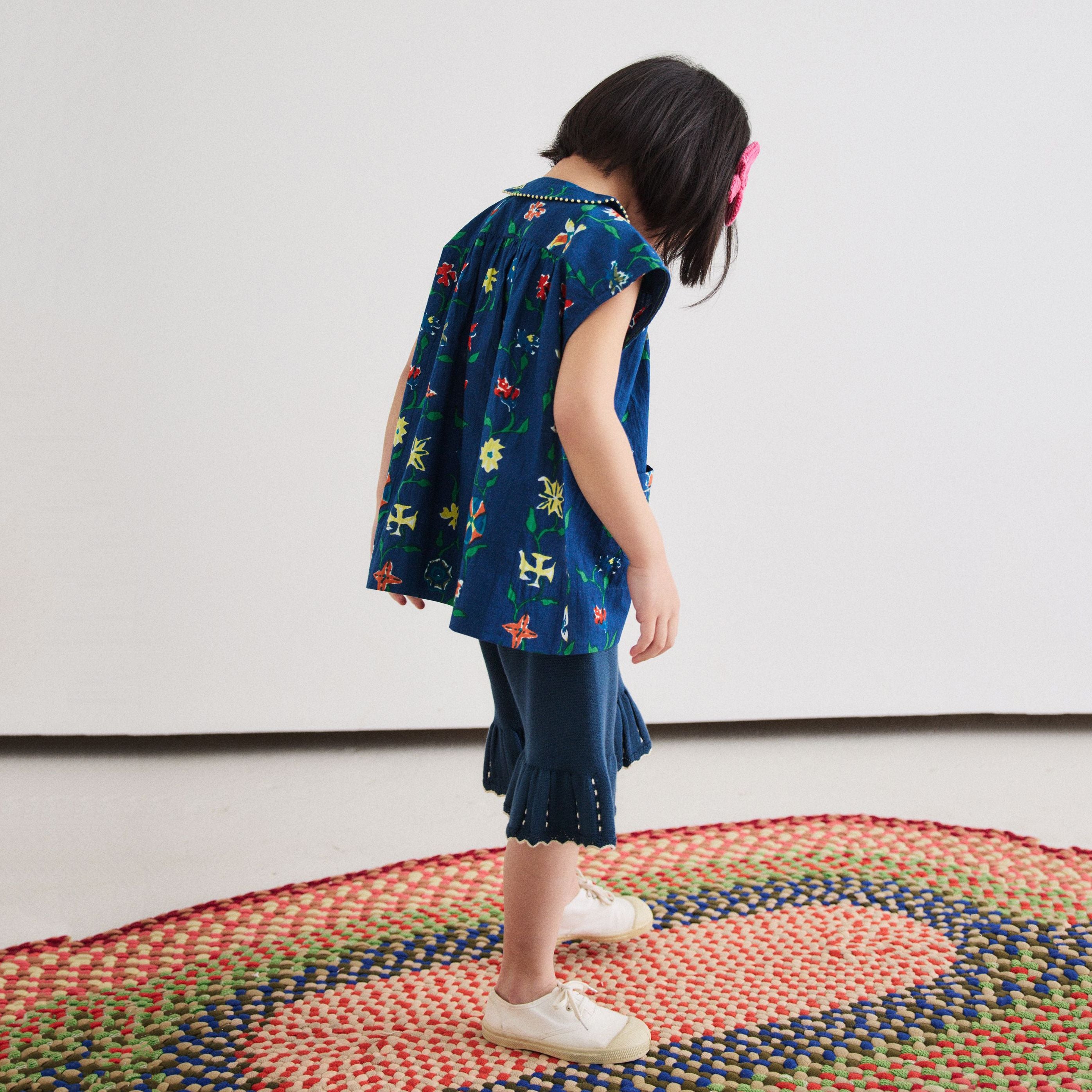 Girls Navy Knit Cotton Cropped Trousers