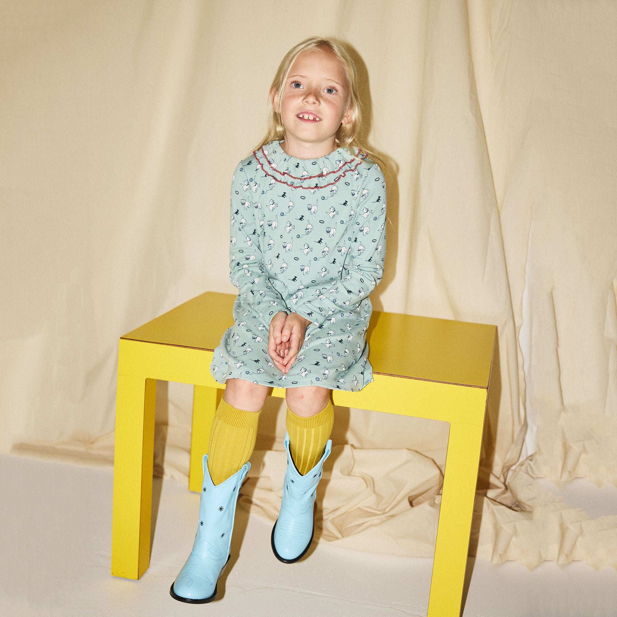 Girls Green Printed Ruffled Cotton Dress