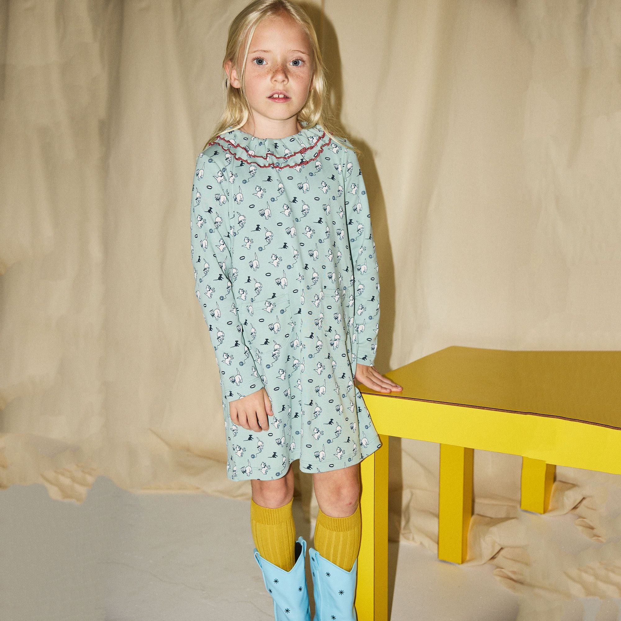 Girls Green Printed Ruffled Cotton Dress