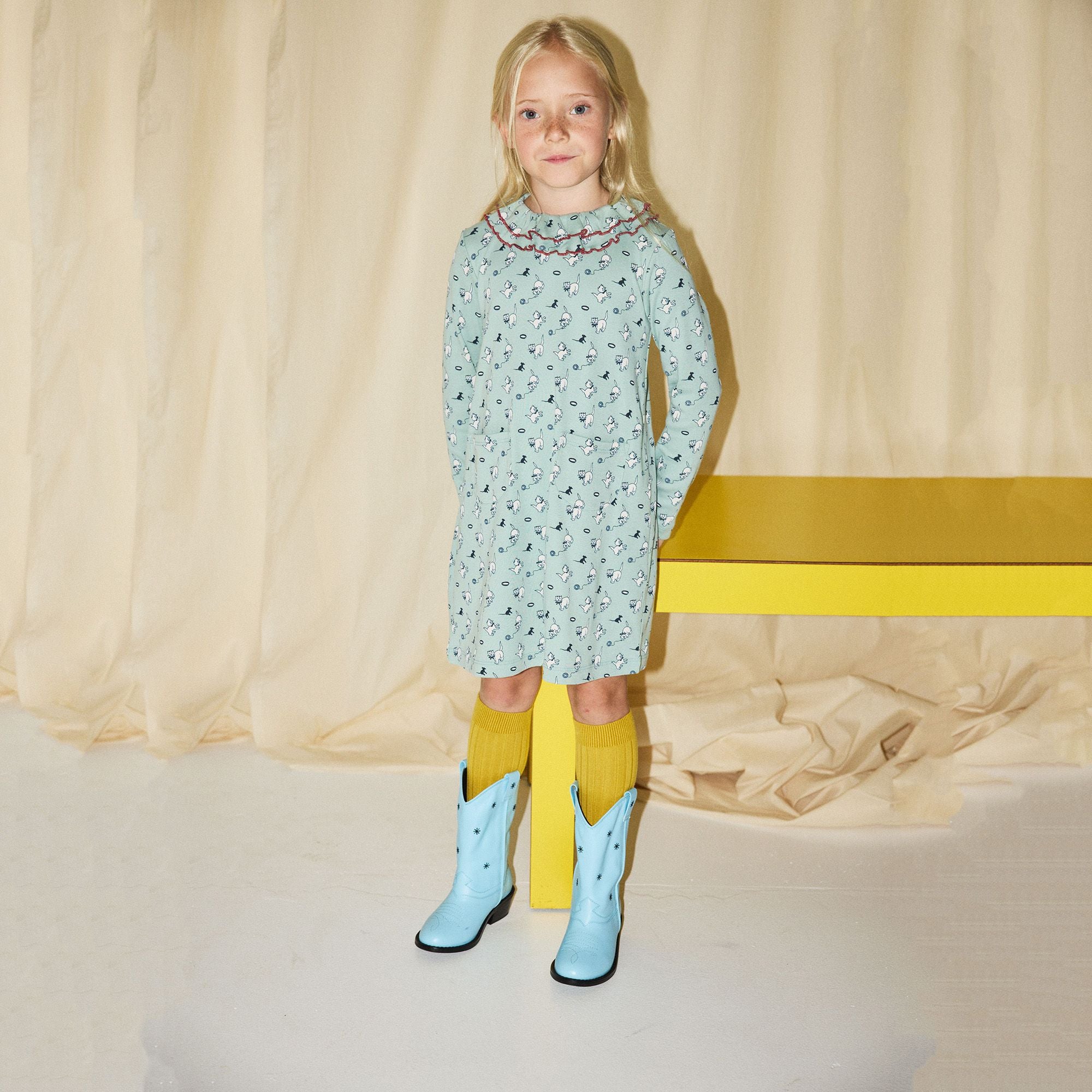 Girls Green Printed Ruffled Cotton Dress