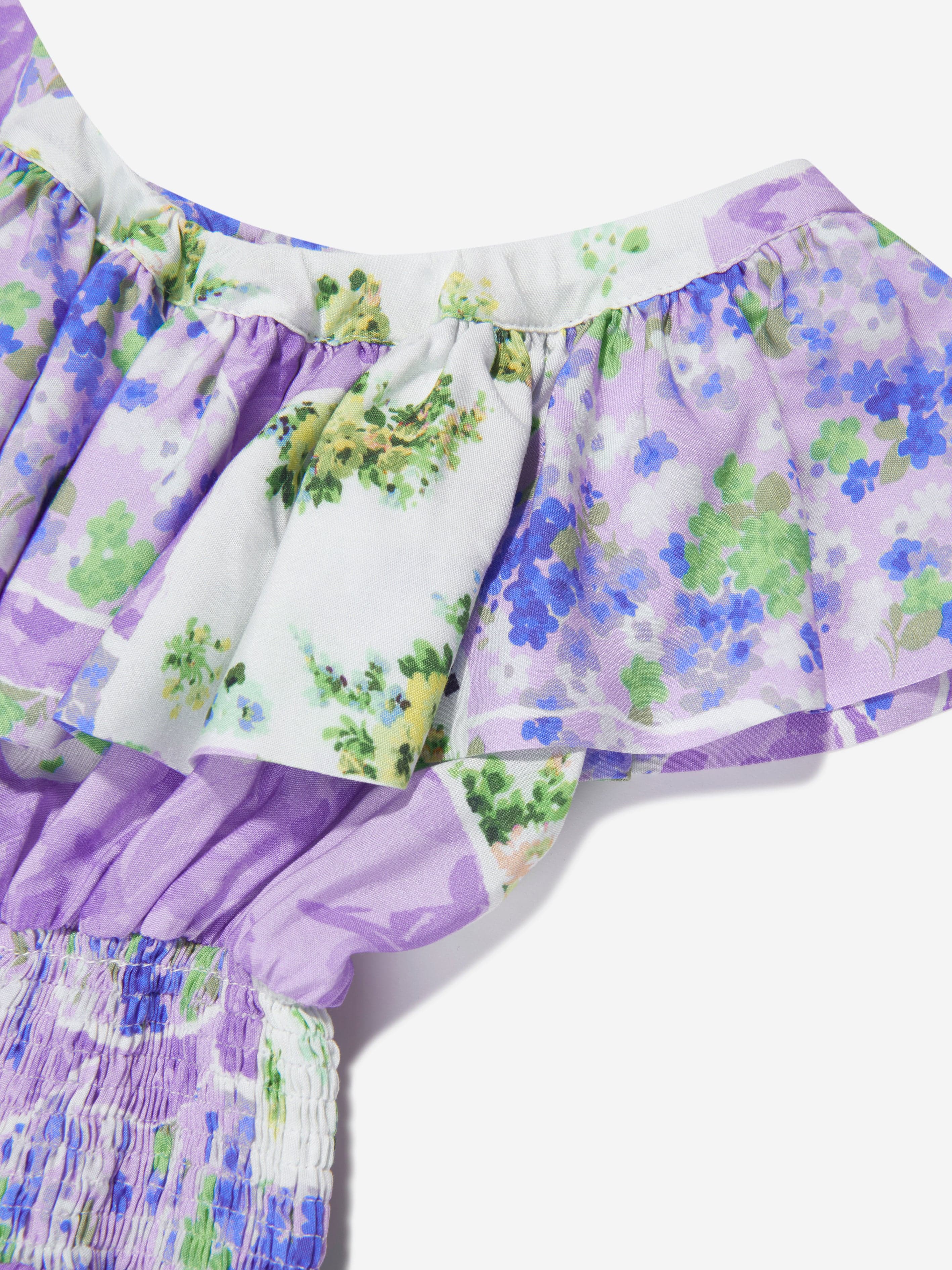 MSGM Girls Satin Floral Ruffle Dress in Multicolour