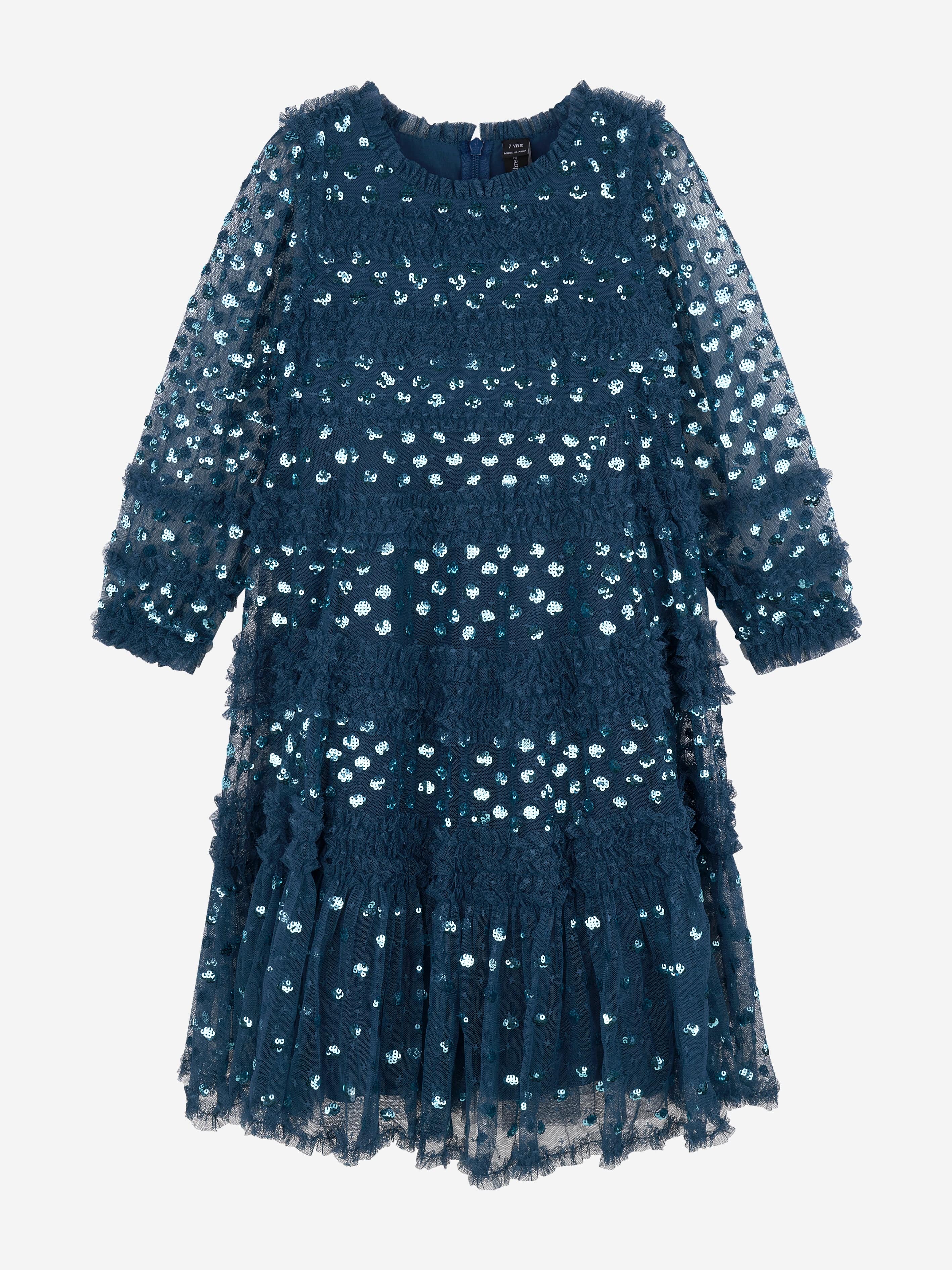 Needle & Thread Girls Dot Shimmer Long Sleeve Dress in Blue