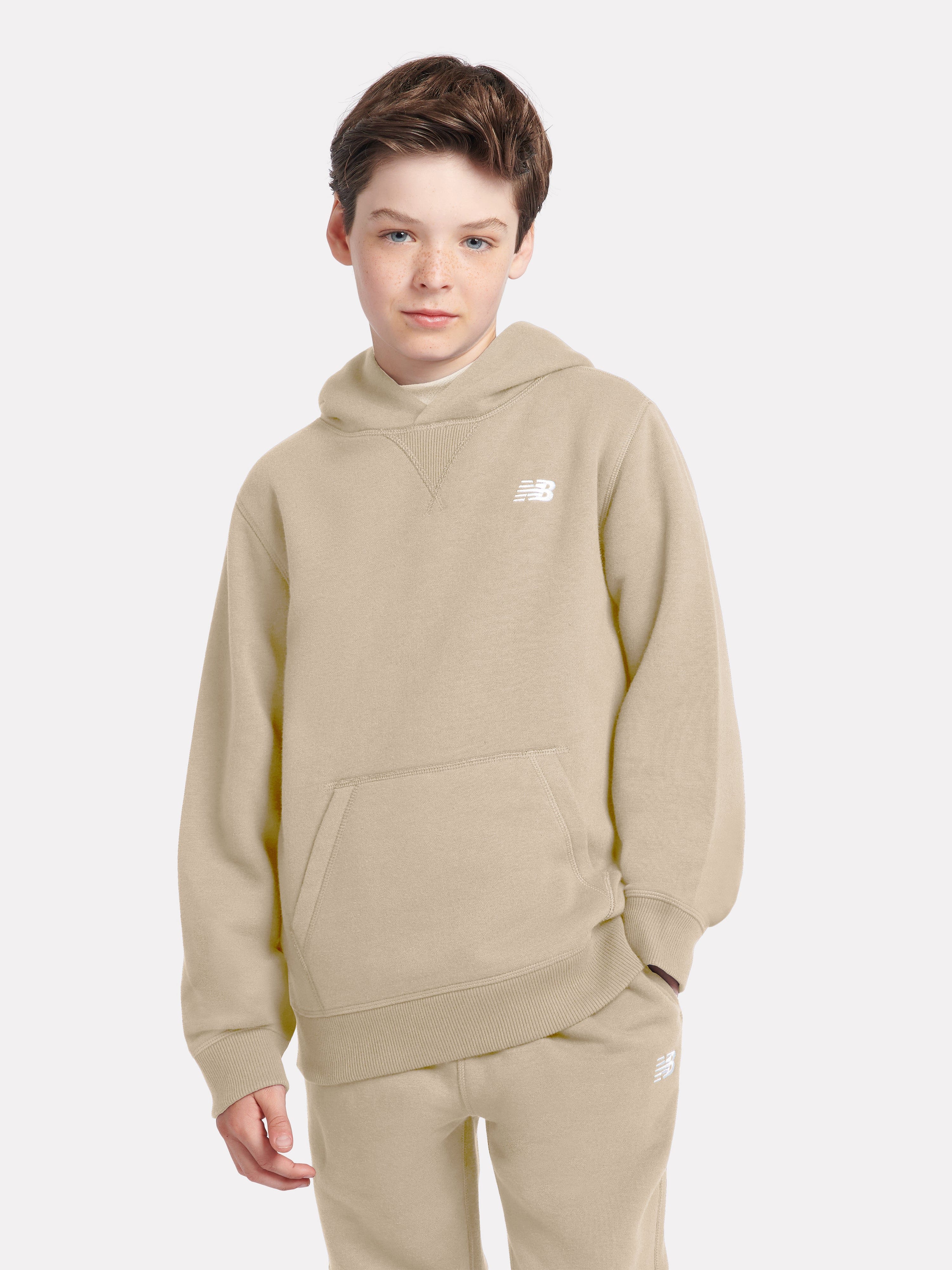 New Balance Boys Brush Back Small Logo Hoodie in Beige
