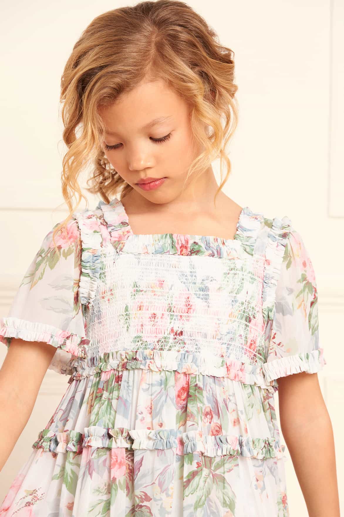 Needle & Thread Girls Paradise Garden Chiffon Smocked Dress in Multicolour