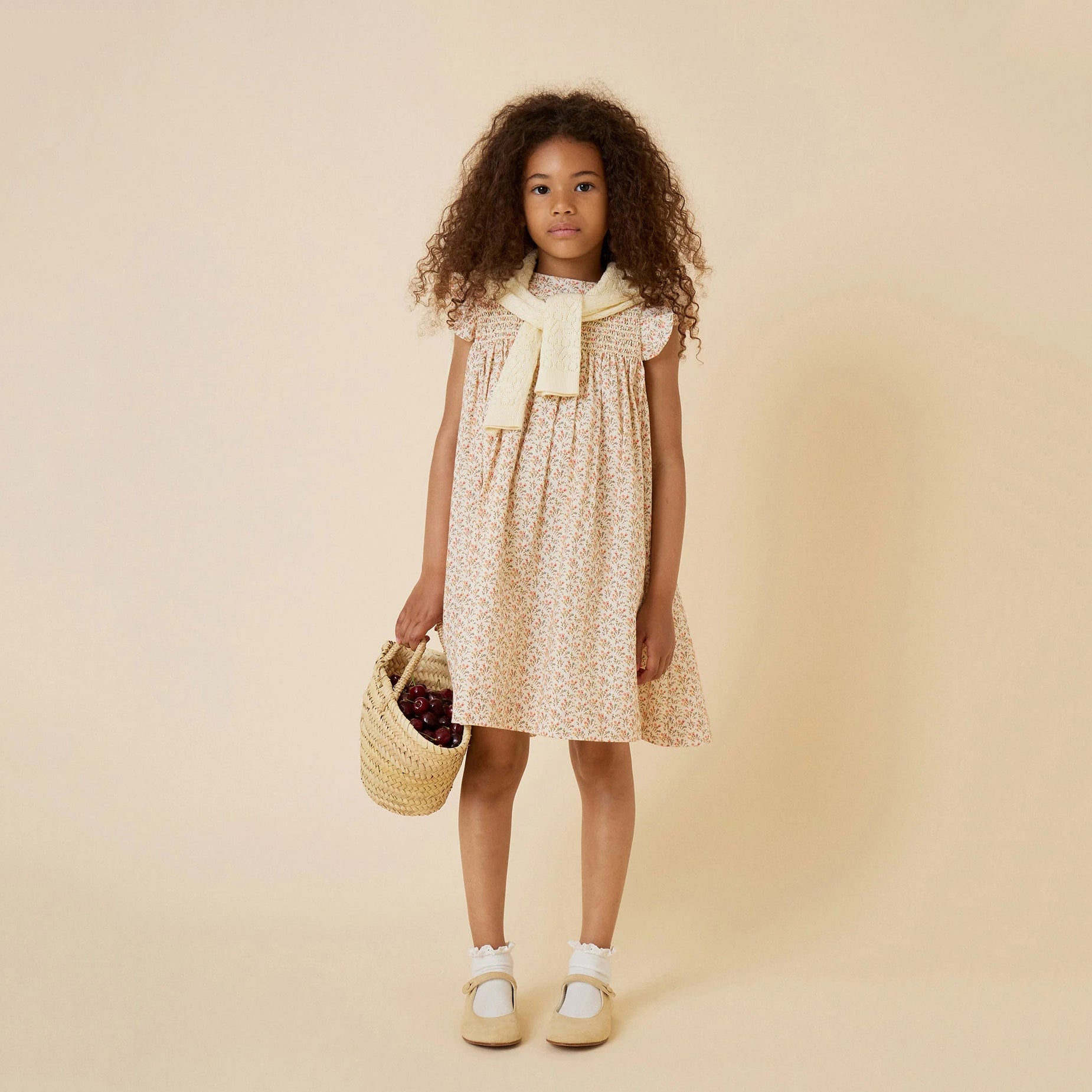 Girls Beige Floral Cotton Dress