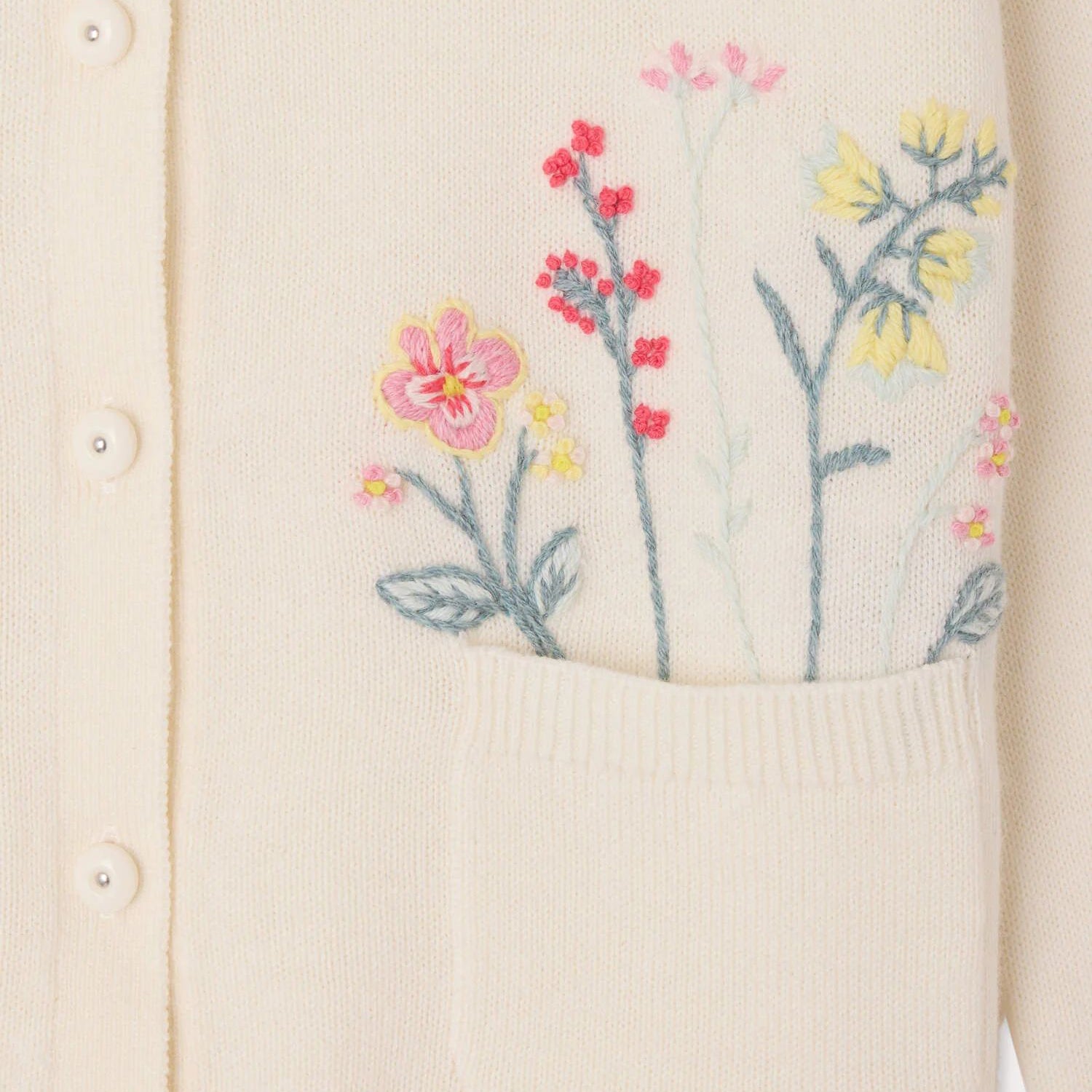 Girls White Embroidered Cotton Knit Cardigan