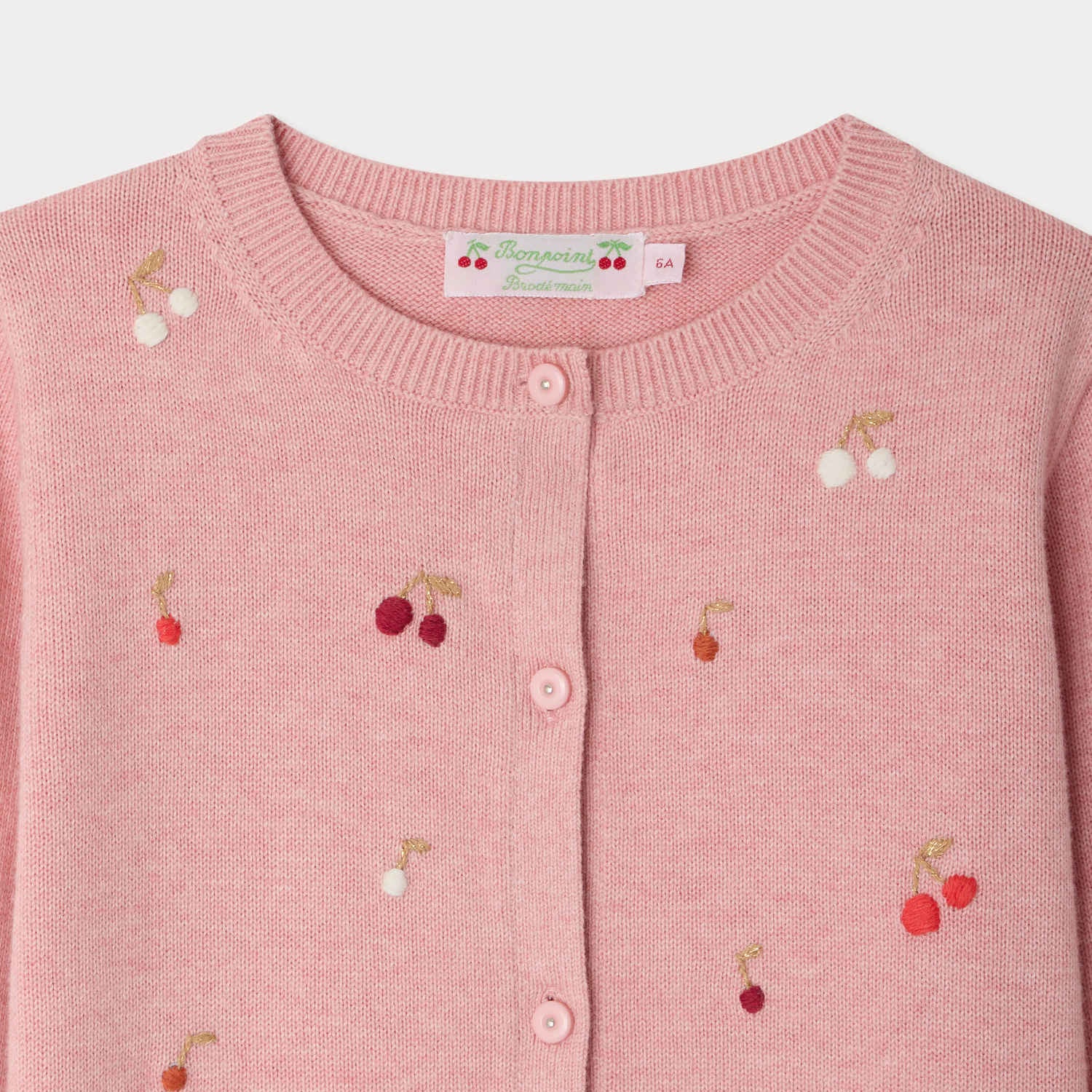 Girls Pink Cherry Embroidered Cotton Cardigan