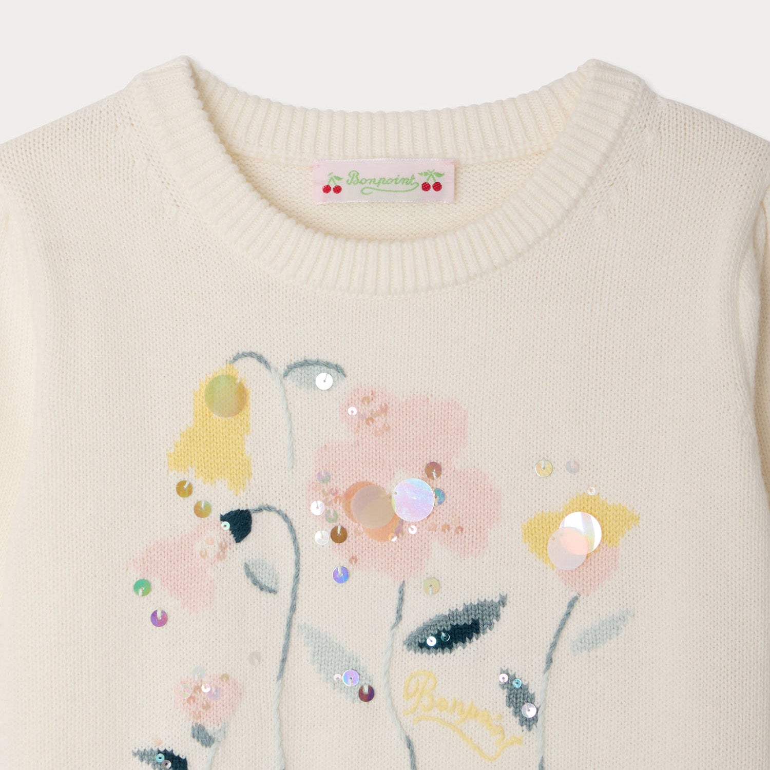 Girls White Flower Short Sleeves Cotton Sweater