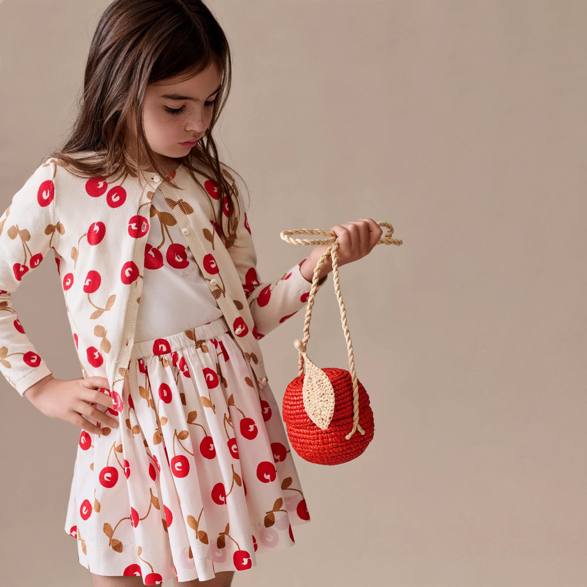 Girls Red Cherry Printed Cotton Skirt
