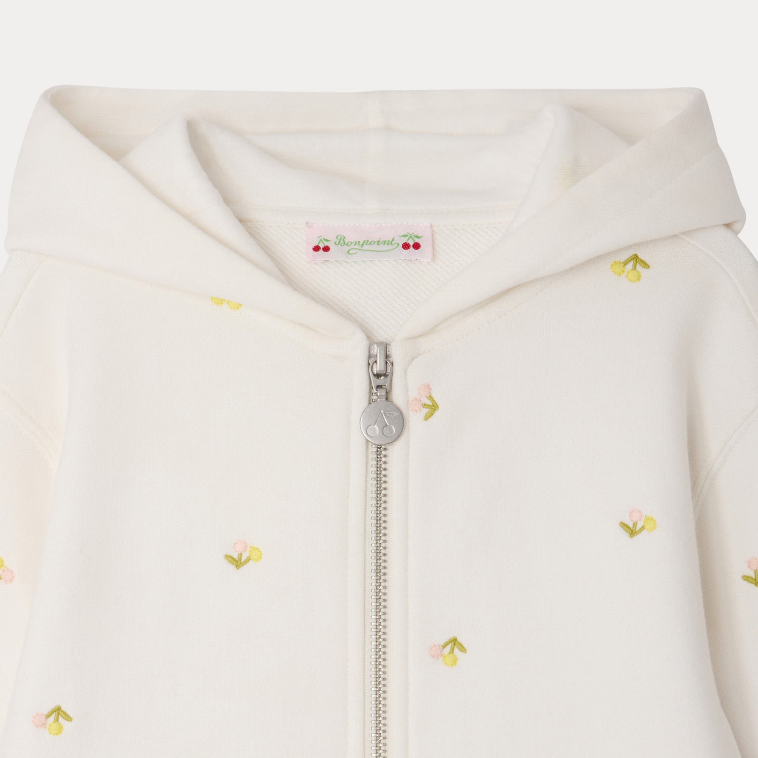 Girls White Cherry Embroidered Cotton Zip-Up Top
