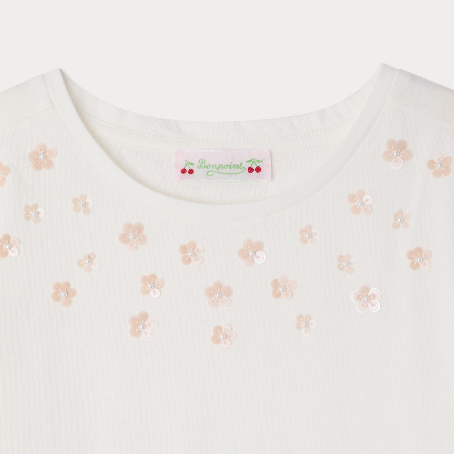 Girls White Sequins Cotton T-Shirt