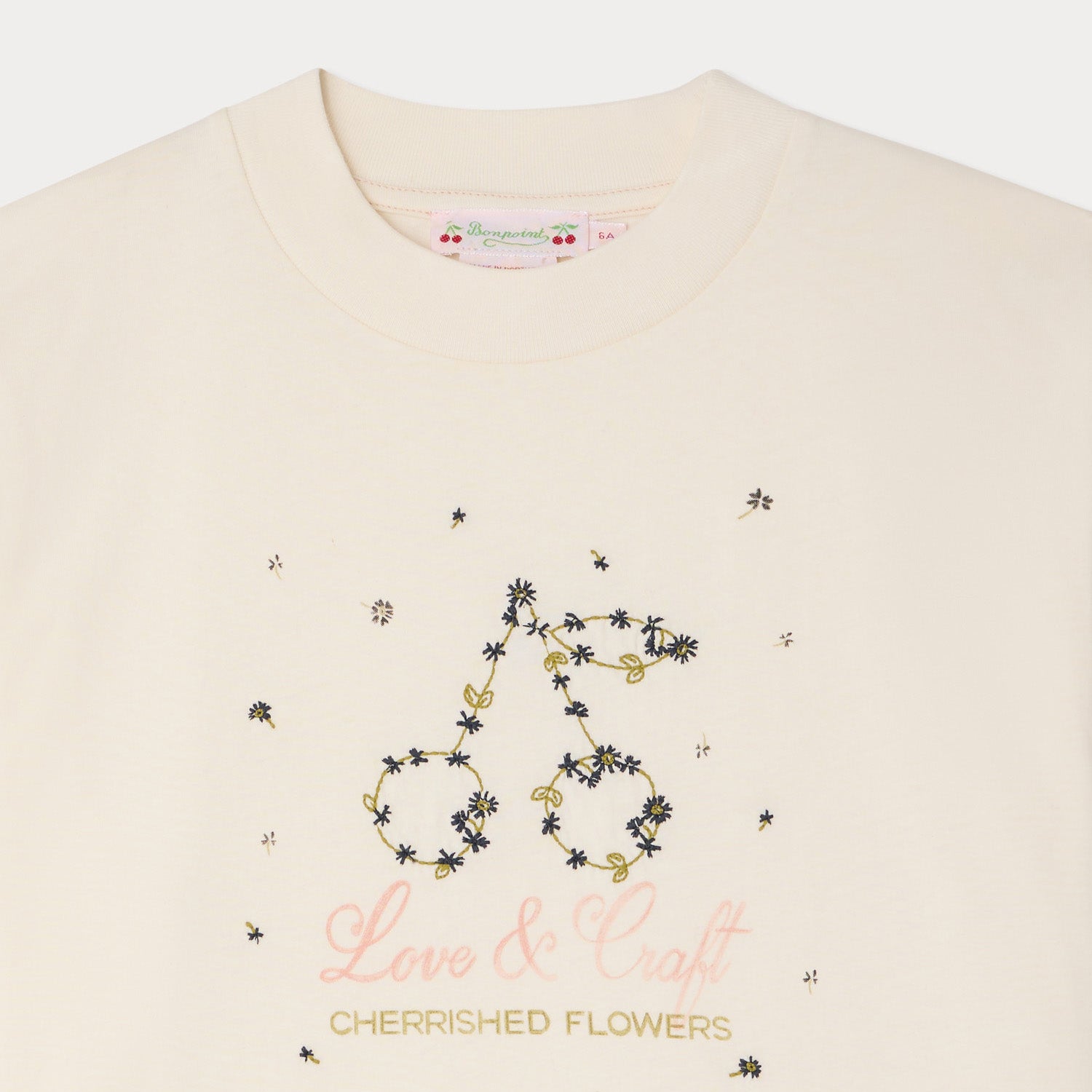 Girls White Cherry Embroidered Cotton T-Shirt