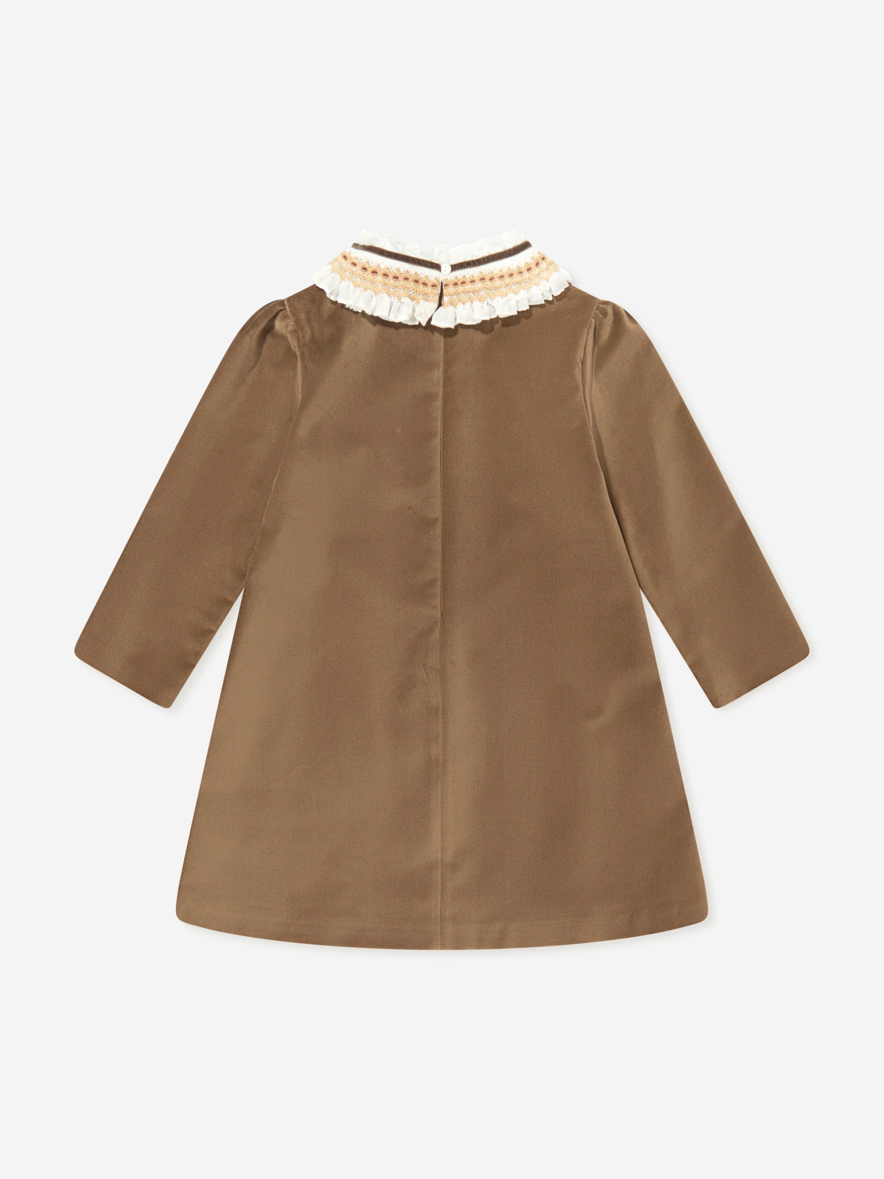 Girls Velvet Smocked Dress in Brown