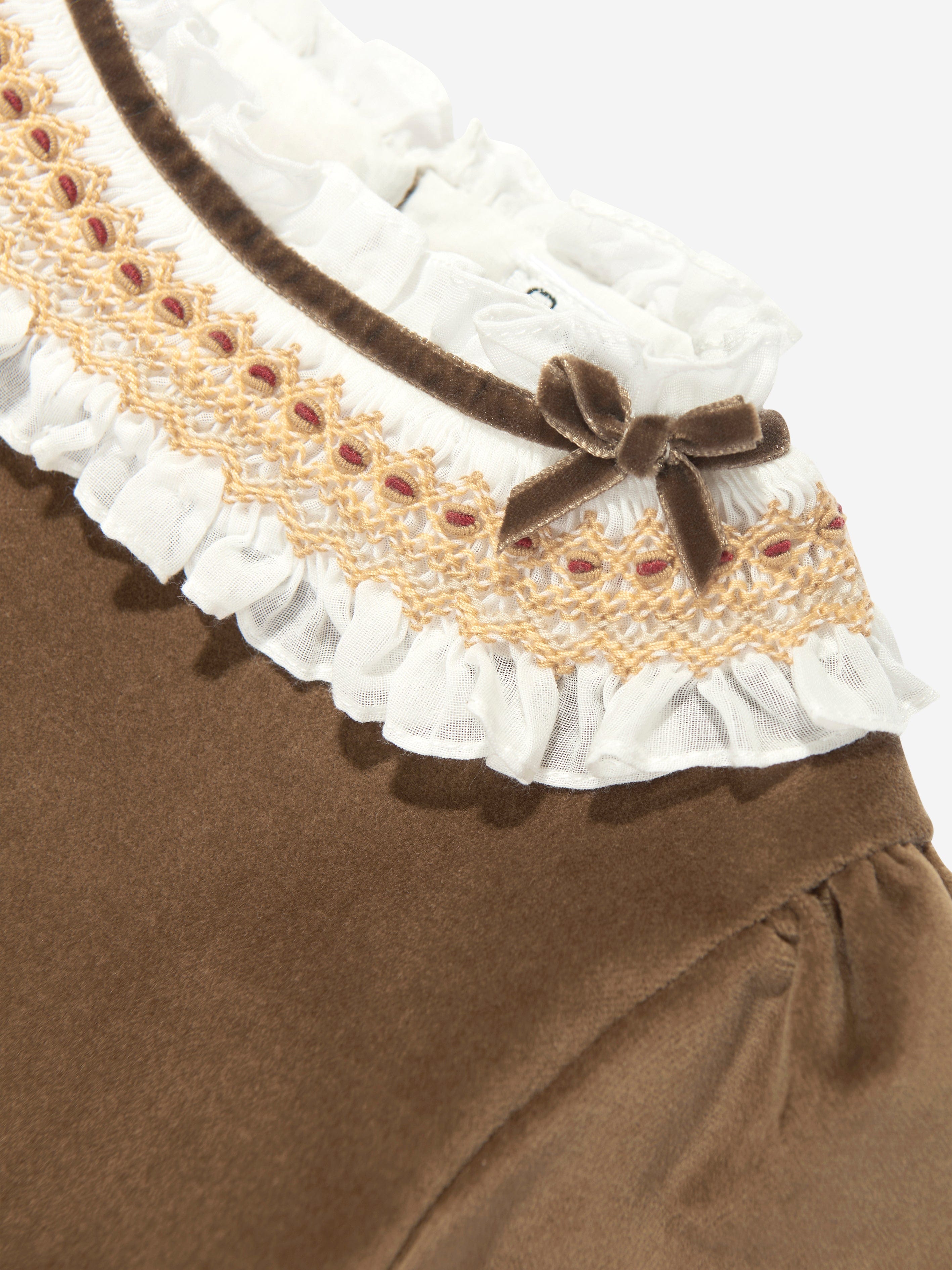 Girls Velvet Smocked Dress in Brown