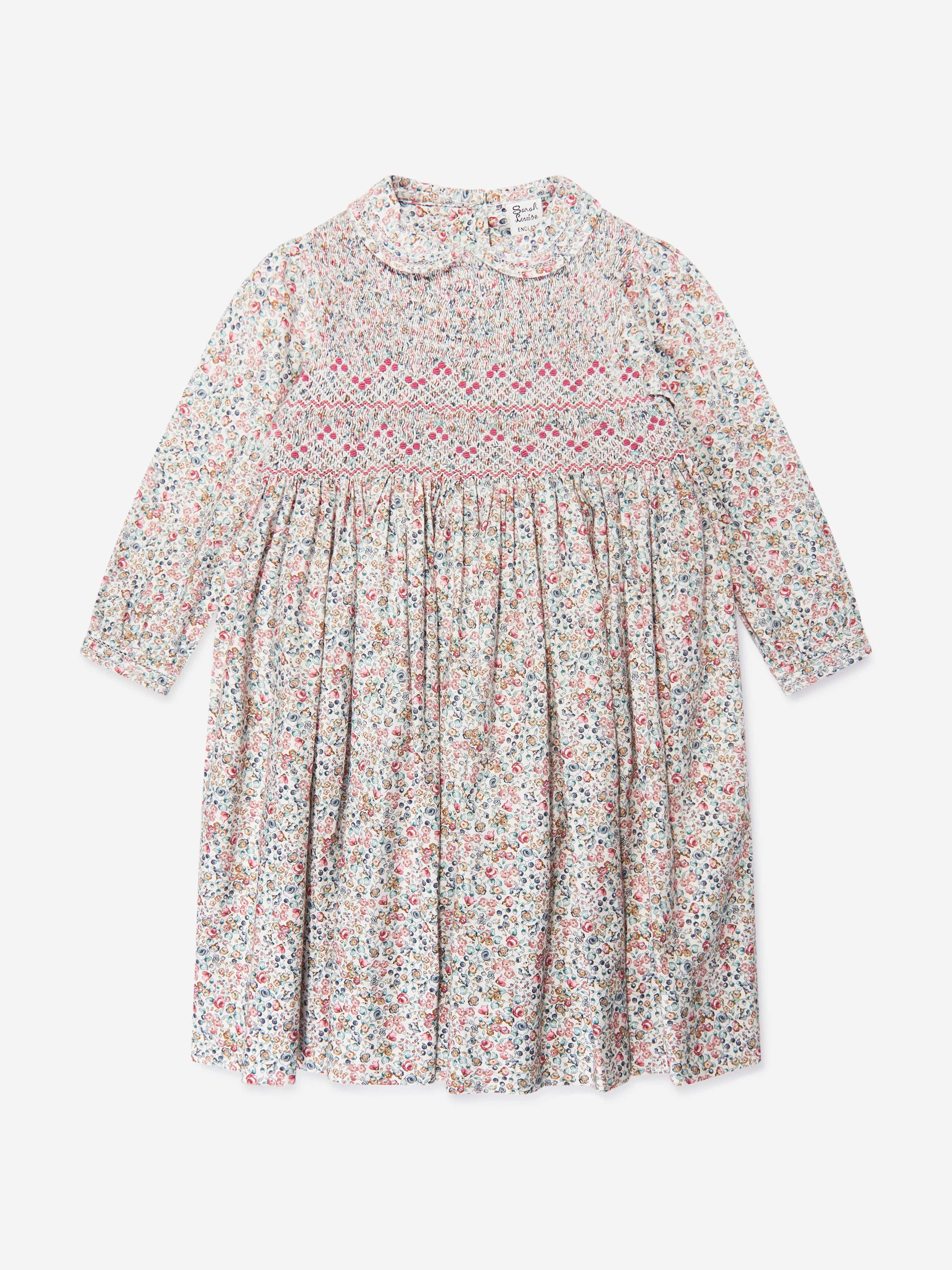 Girls Floral Smocked Dress in Blue