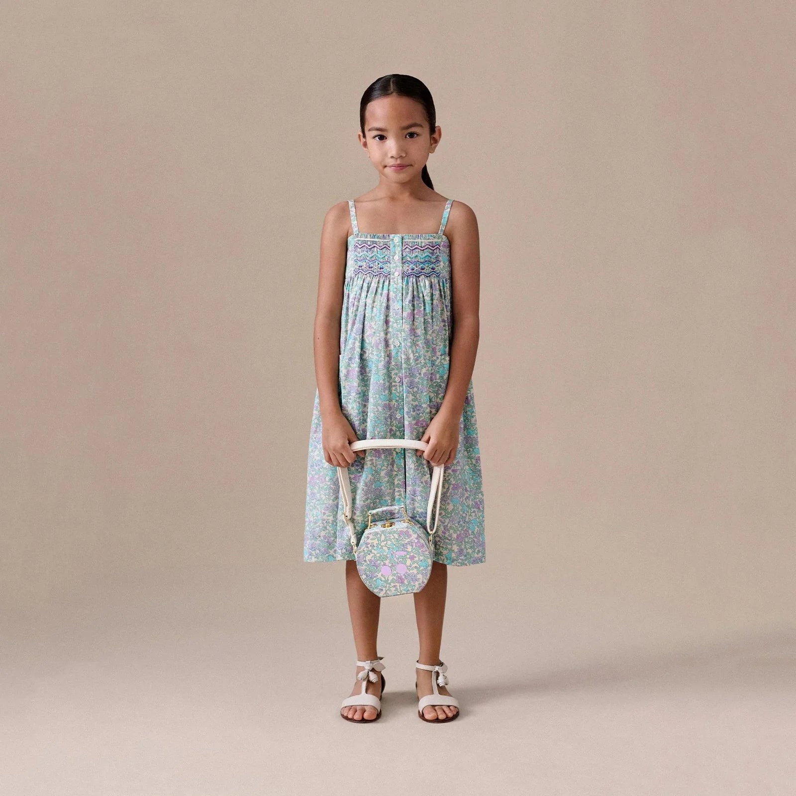 Girls Green Floral Cotton Dress