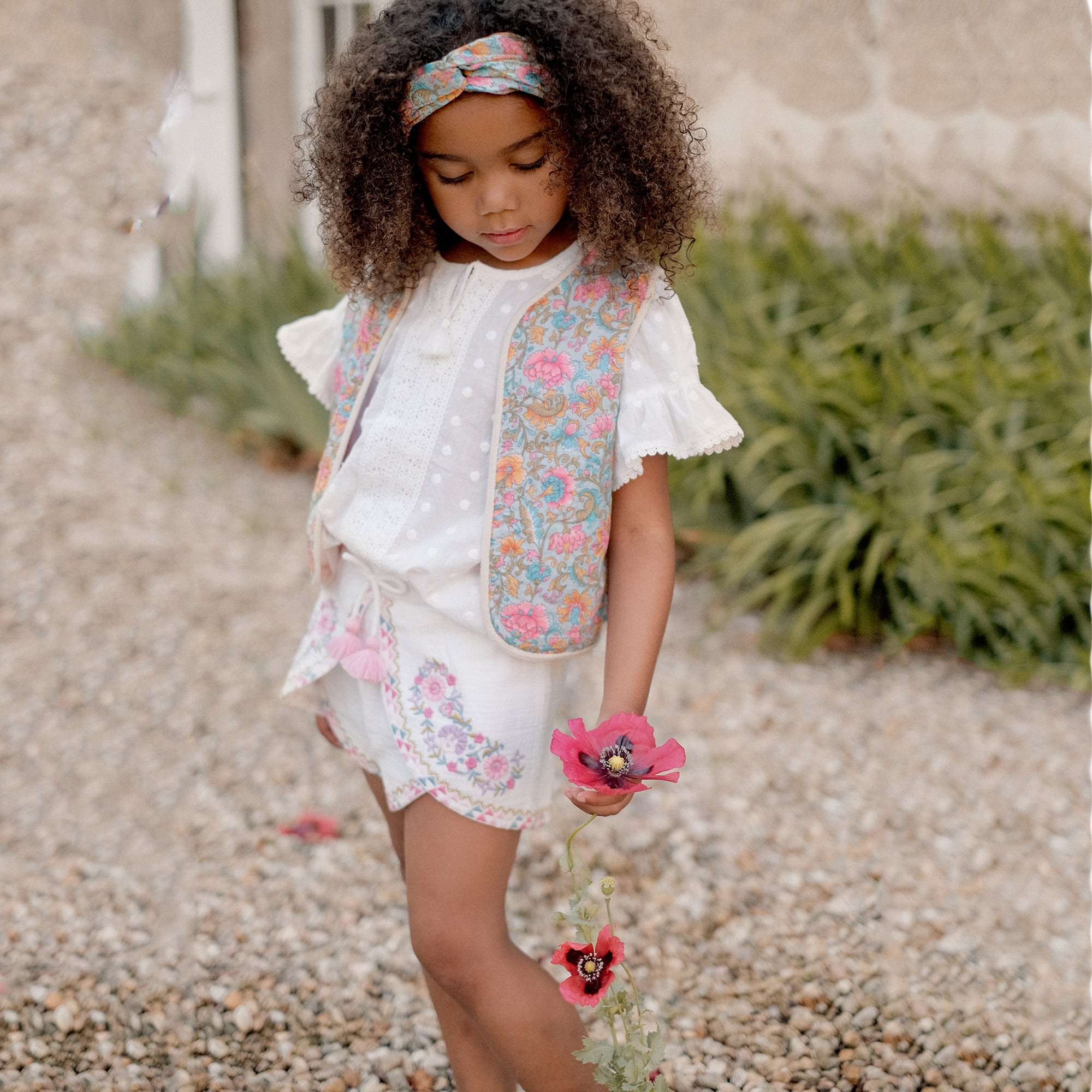 Girls Pink Embroidered Reversible Gilet