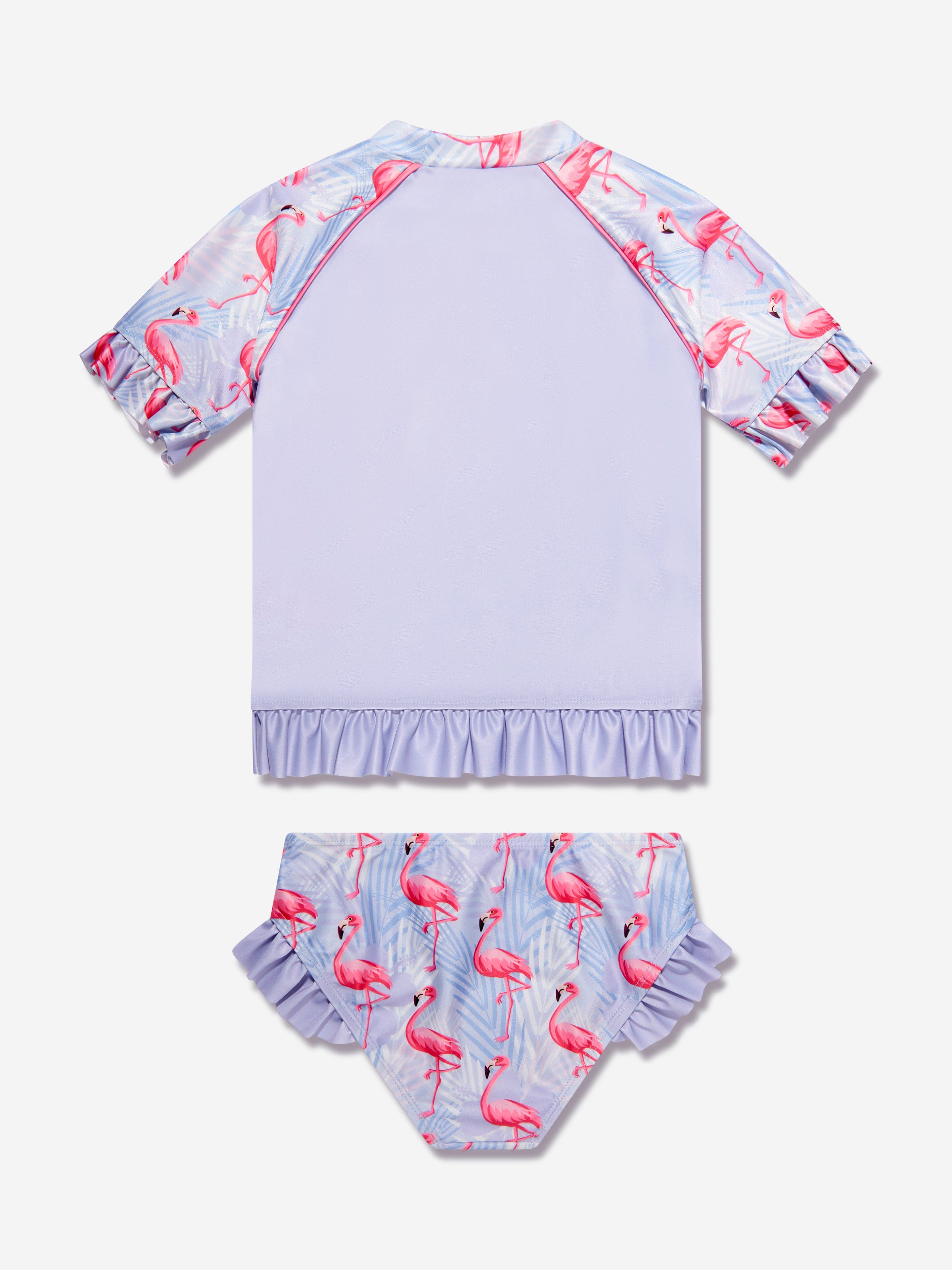 Soli Swim Girls Flamingo Rash Guard and Shorts (UPF50+) in Purple