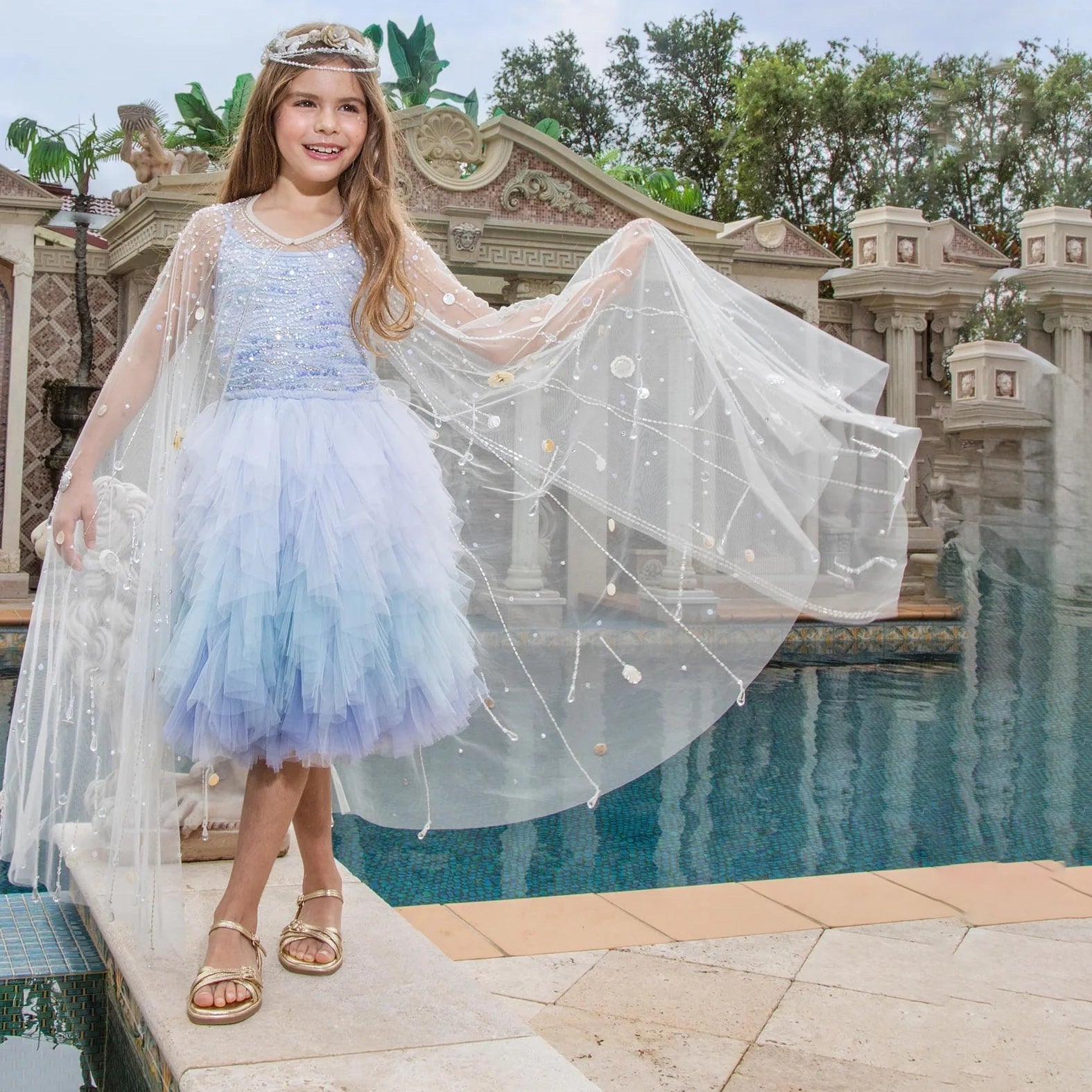 Girls Blue Gradient Sequins Tutu Dress