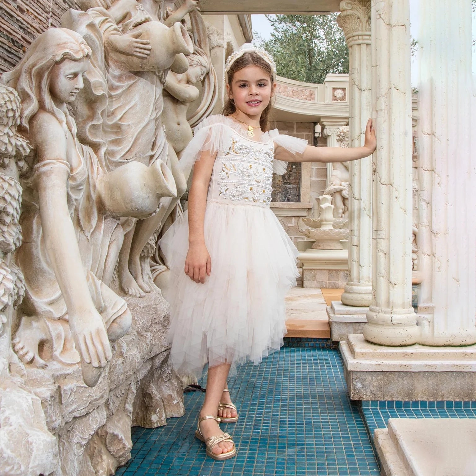 Girls Beige Pearls Tutu Dress