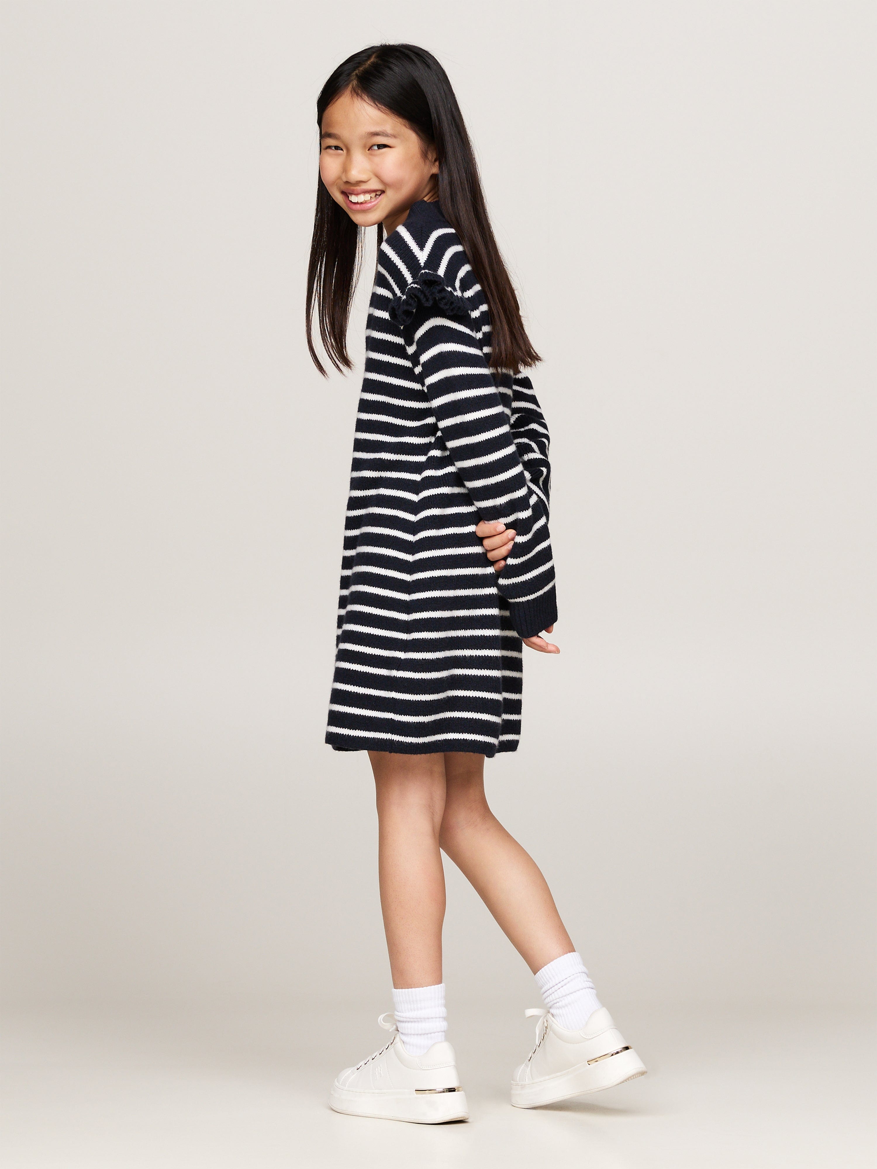Tommy Hilfiger Girls Striped Ruffle Skater Dress in Navy