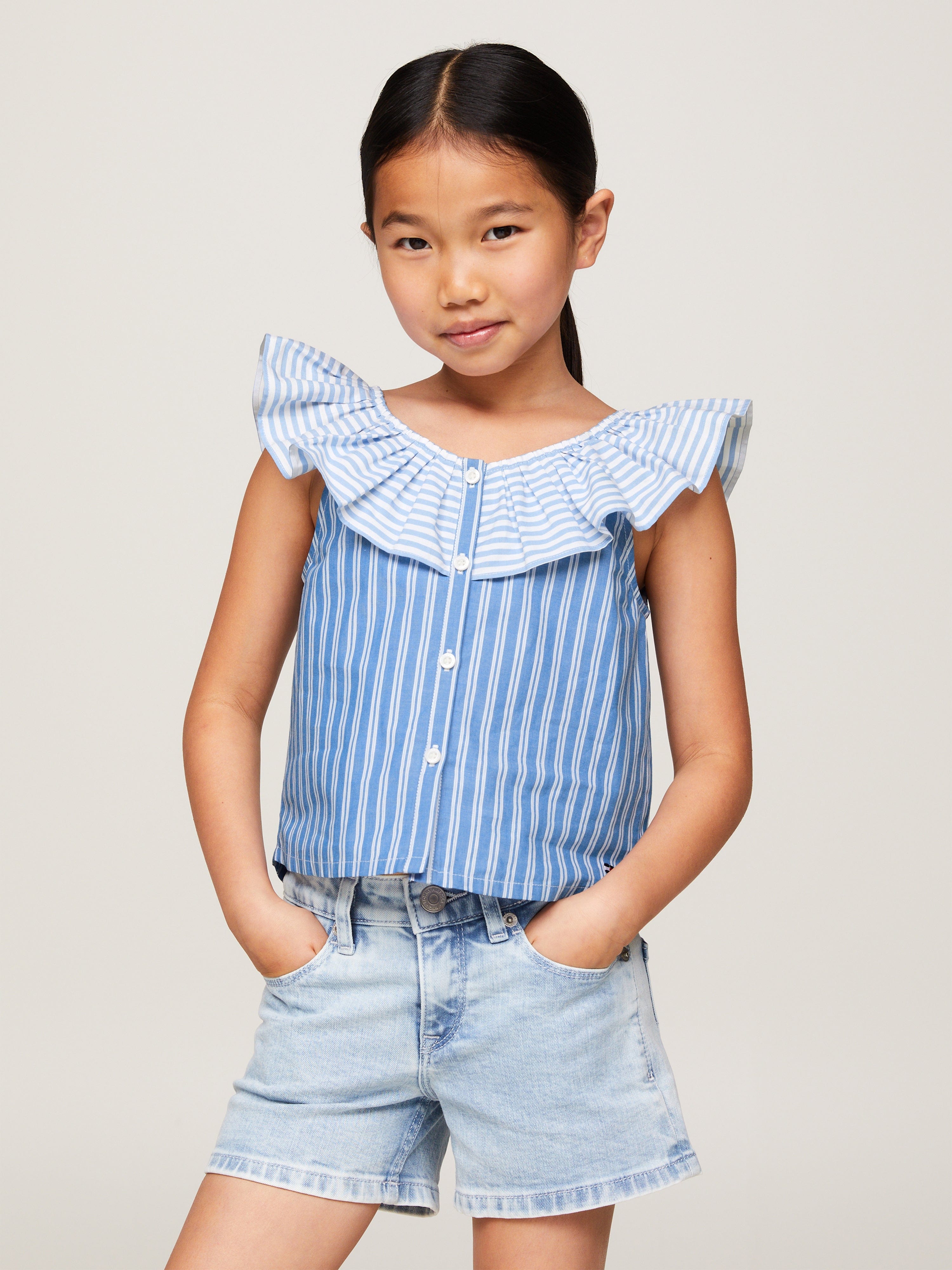Tommy Hilfiger Girls Mixed Stripe Frill Blouse in Blue